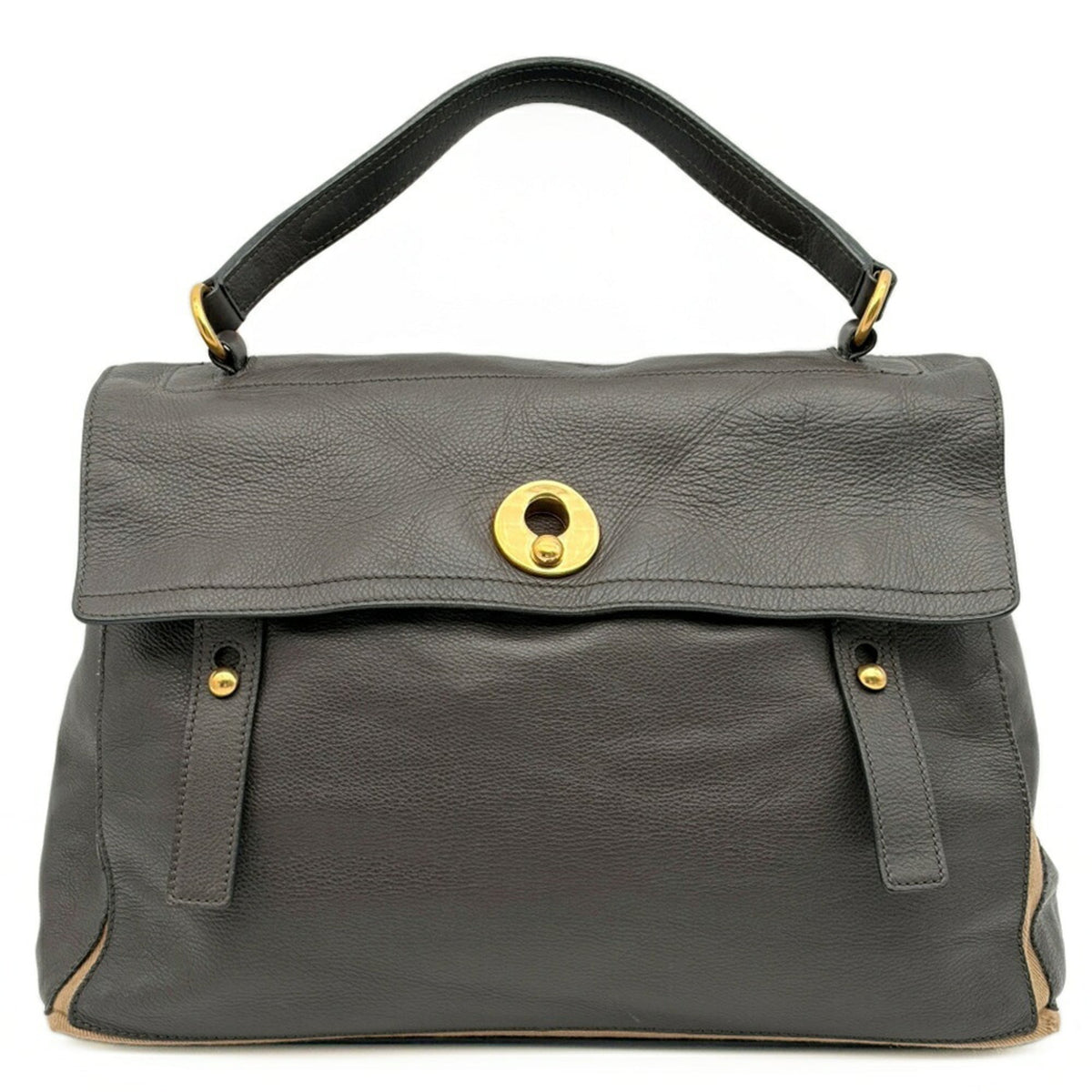 Yves Saint Laurent Beige Dark Brown Leather Canvas Handbag Shoulder Bag (Pre-Owned)