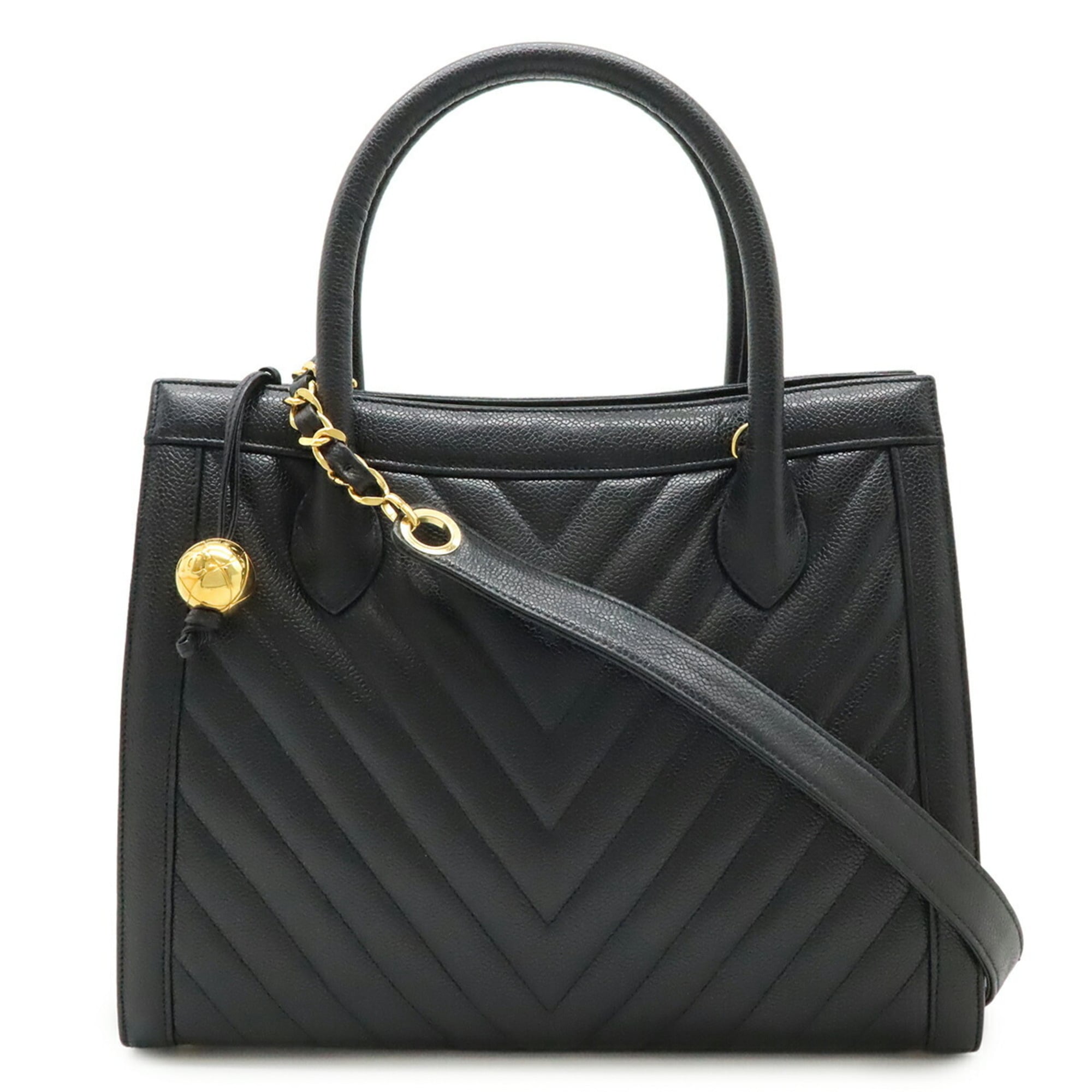 Chanel Chevron (V Stitch) Black Leather Handbag Shoulder Bag (Pre-Owned)
