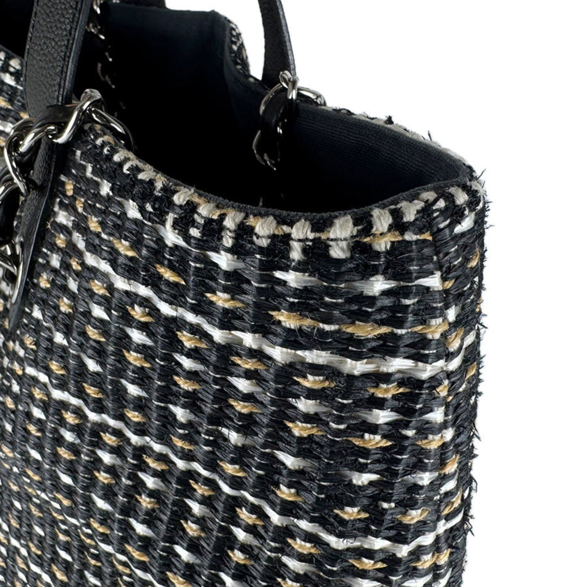 Chanel Beige Black White Raffia Handbag Shoulder Bag (Pre-Owned)
