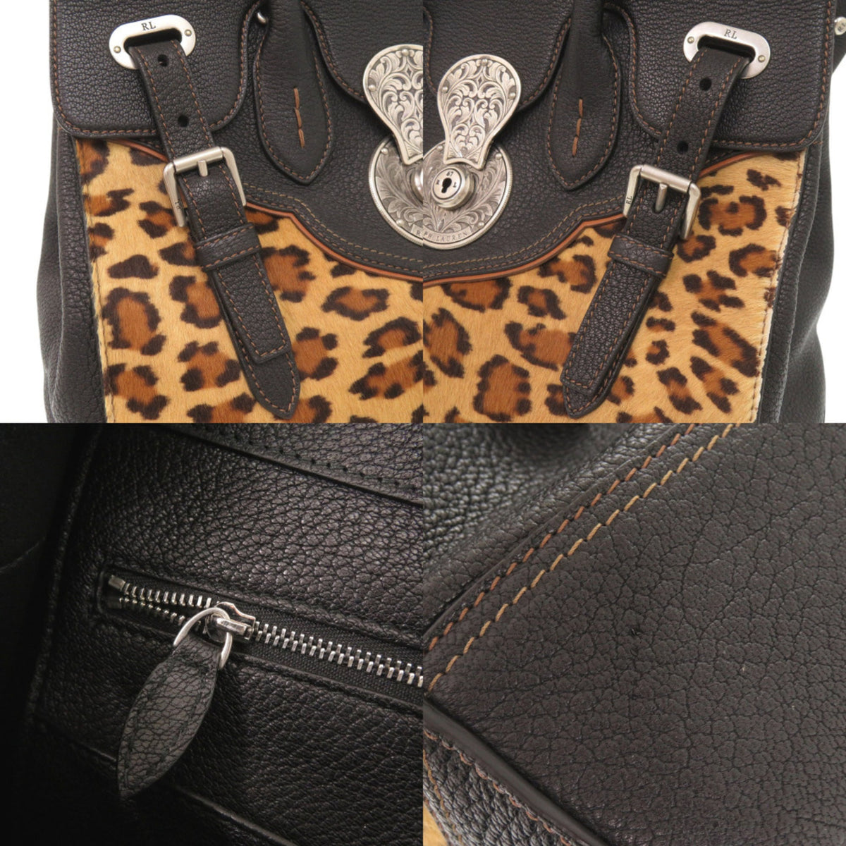 Ralph Lauren Ricky Black Brown Leather Handbag Shoulder Bag (Pre-Owned)