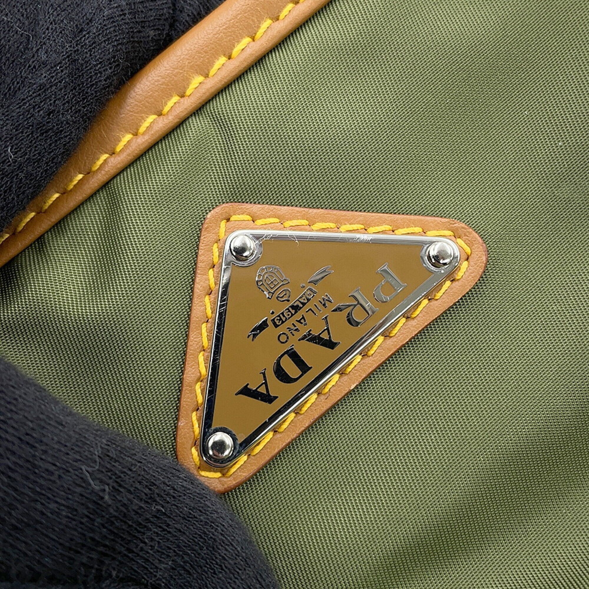 Prada Saffiano Green Nylon Leather Handbag Shoulder Bag (Pre-Owned)
