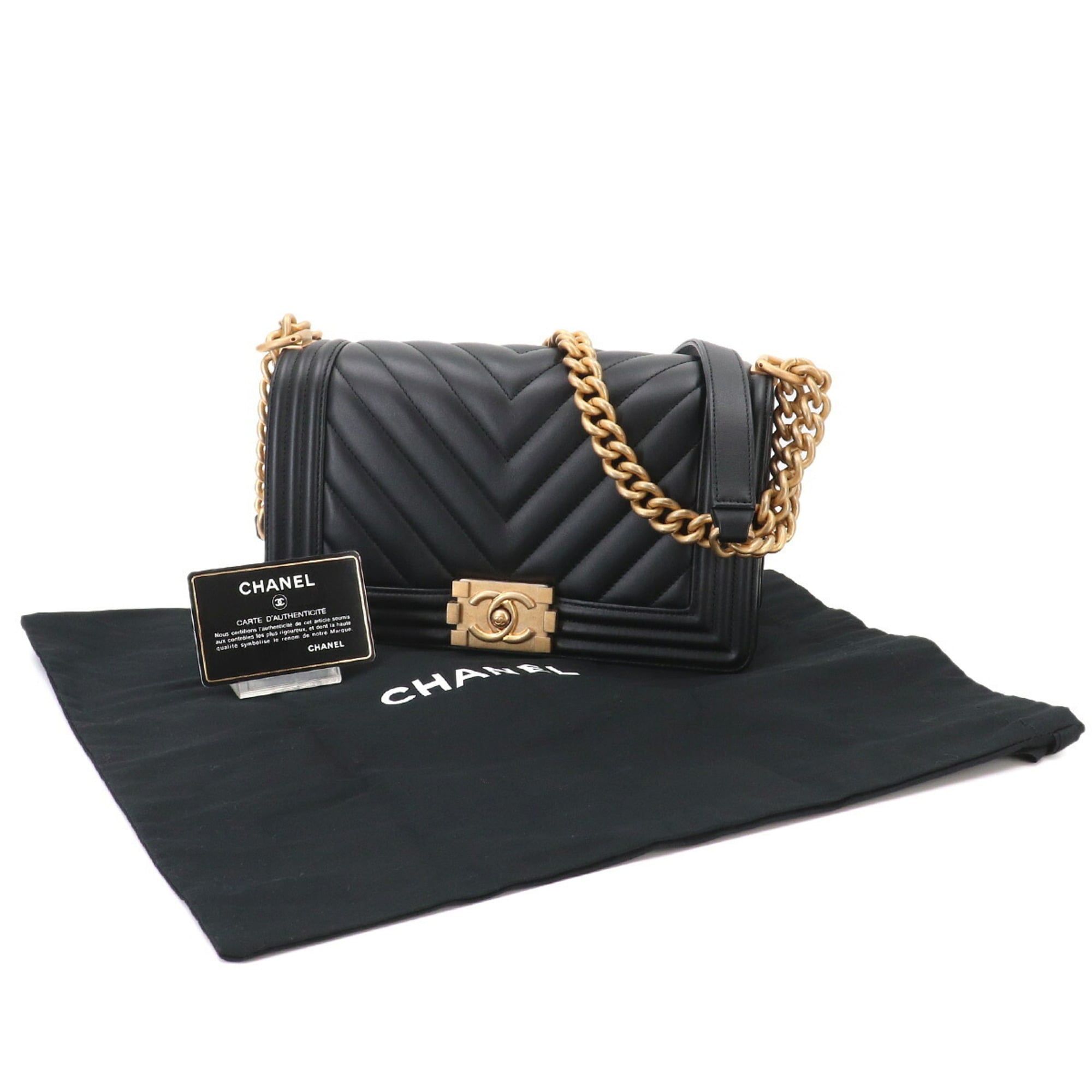 Chanel Chevron (V Stitch) Black Leather Handbag Shoulder Bag (Pre-Owned)