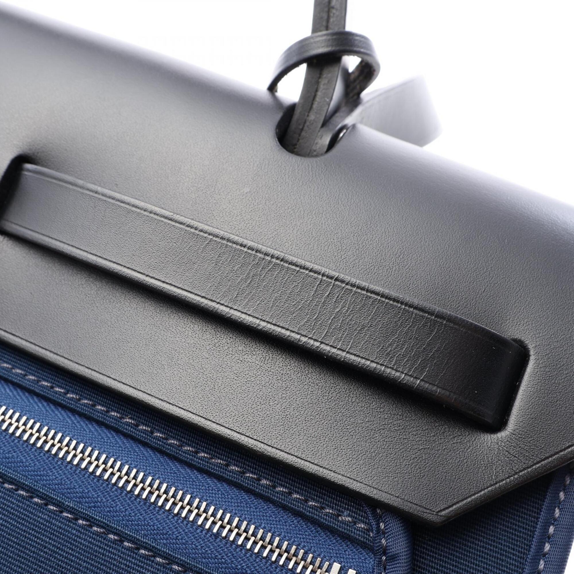 Hermes Black Navy Canvas Leather Handbag (Pre-Owned)