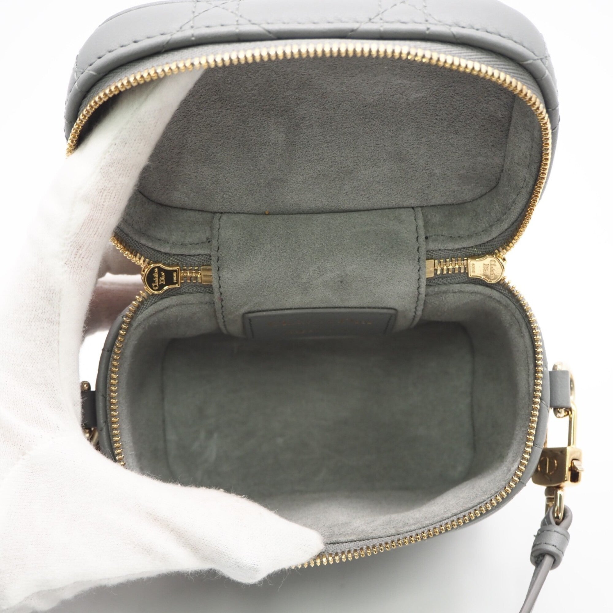 Christian Dior Lady Dior Gray Leather Shoulder Bag Vanity Bag (Pre-Owned)