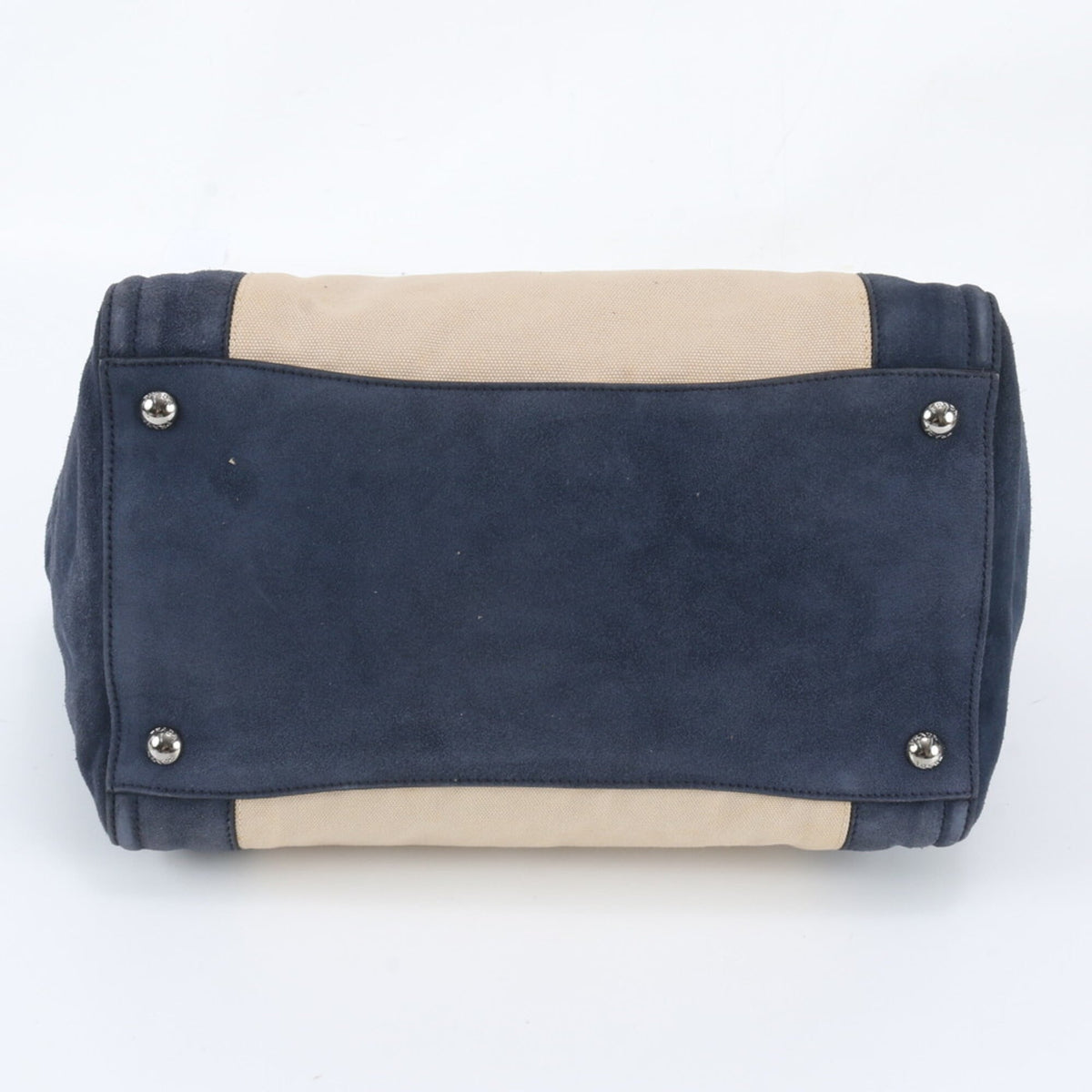 Prada Beige Navy Leather Canvas Handbag Shoulder Bag Tote Bag (Pre-Owned)