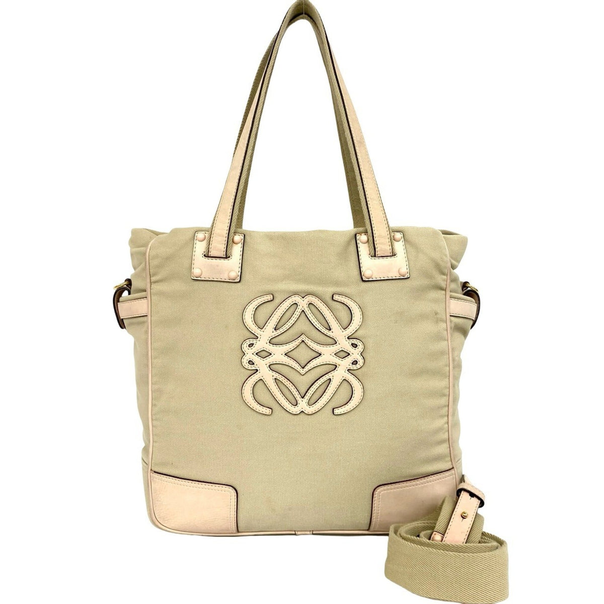 Loewe Beige Pink Canvas Leather Shoulder Bag Tote Bag (Pre-Owned)