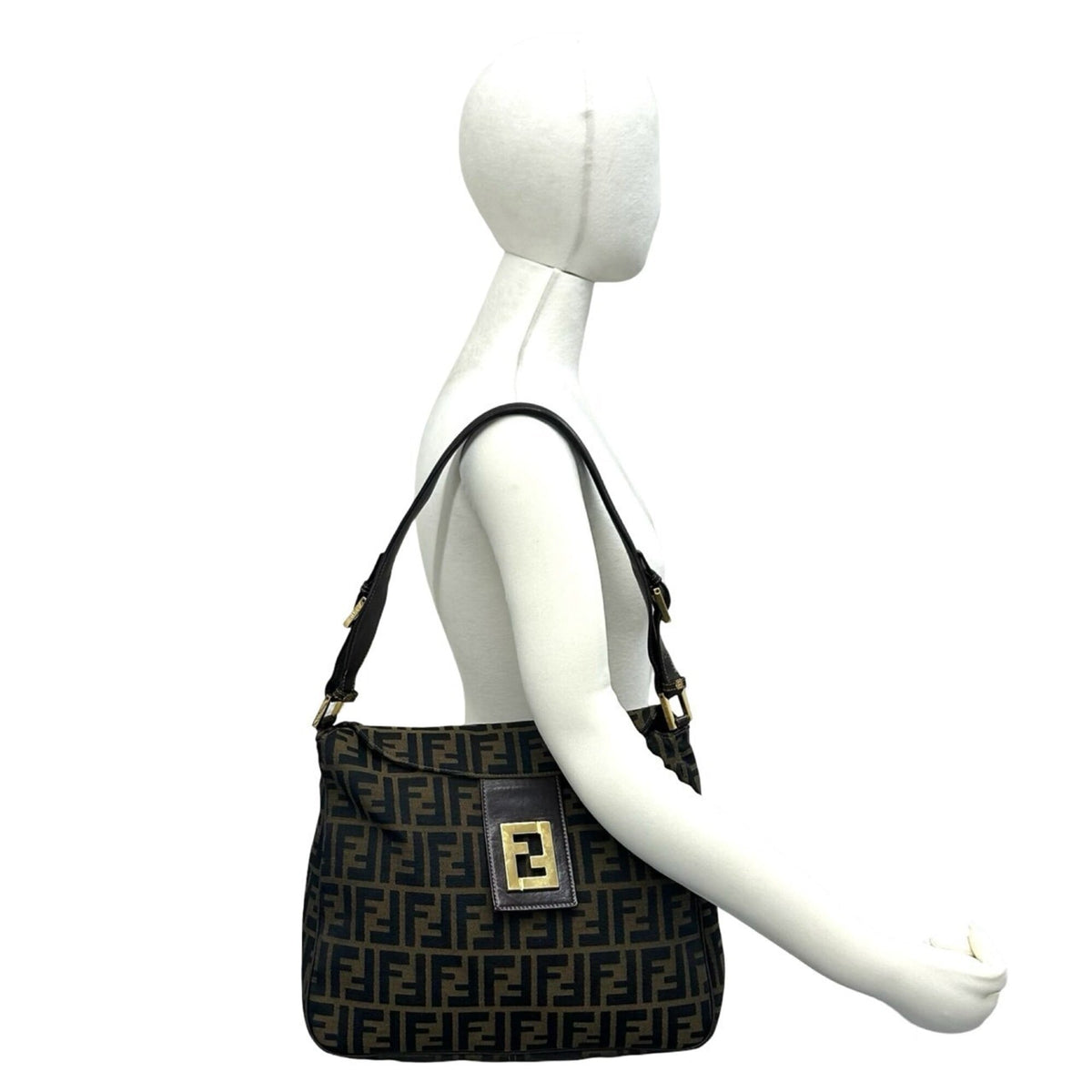 Fendi Black Brown Canvas Leather Shoulder Bag Tote Bag (Pre-Owned)