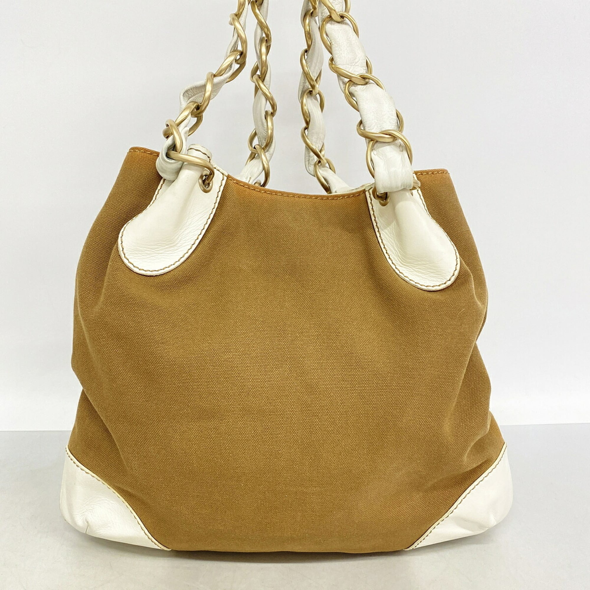 Chanel Beige White Canvas Tote Bag (Pre-Owned)