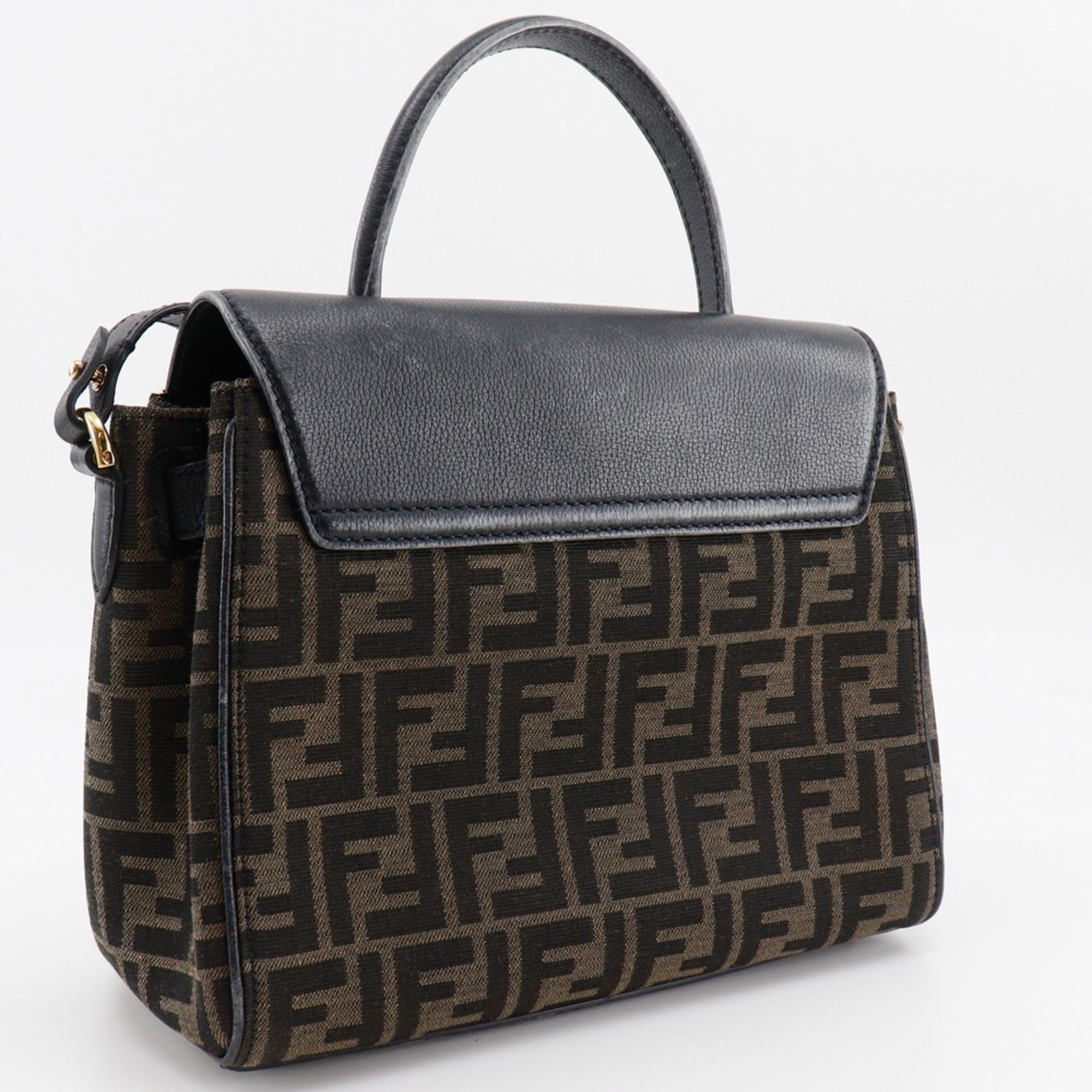 Fendi Zucca Black Brown Nylon Canvas Leather Handbag (Pre-Owned)