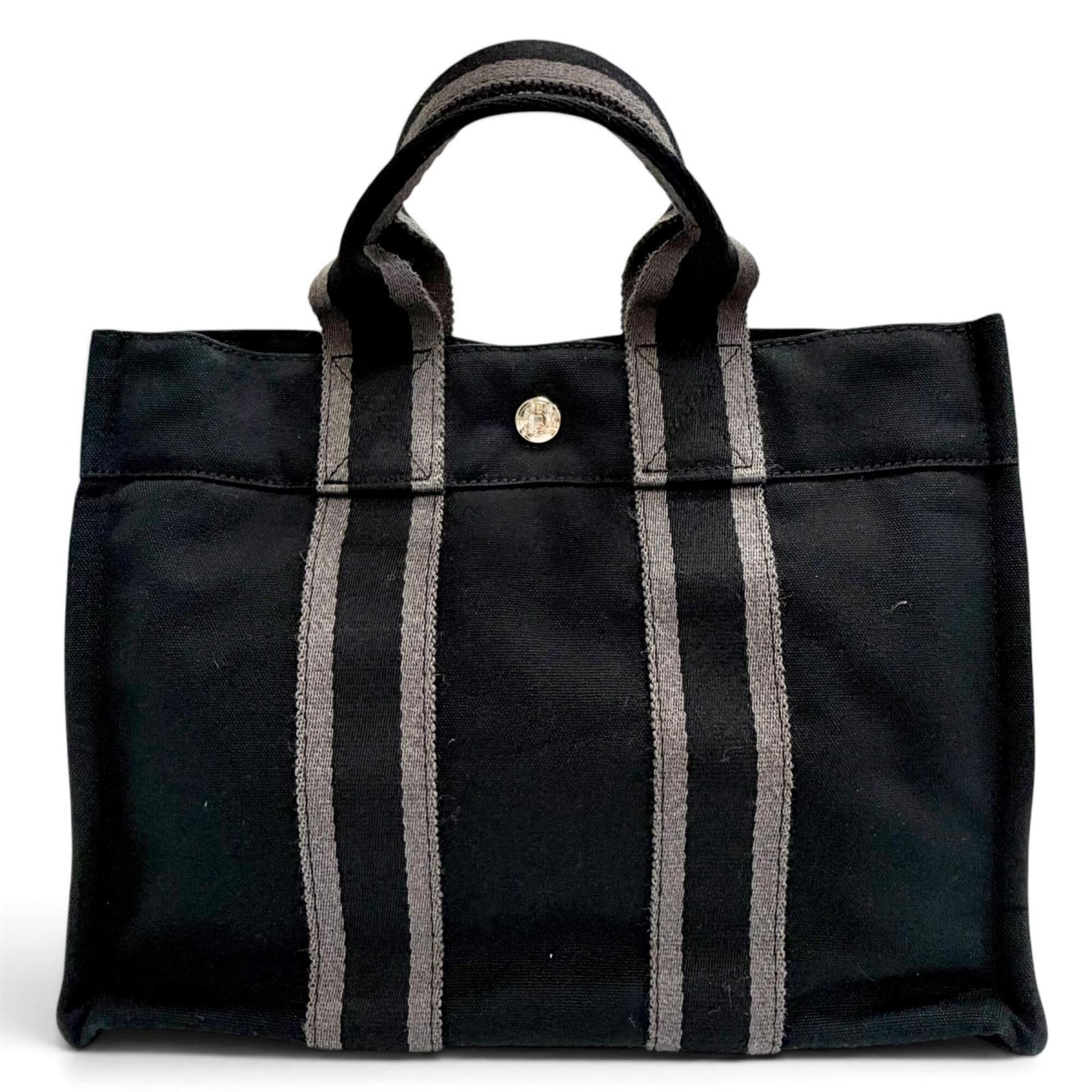 Hermes Black Gray Cotton Handbag Tote Bag (Pre-Owned)