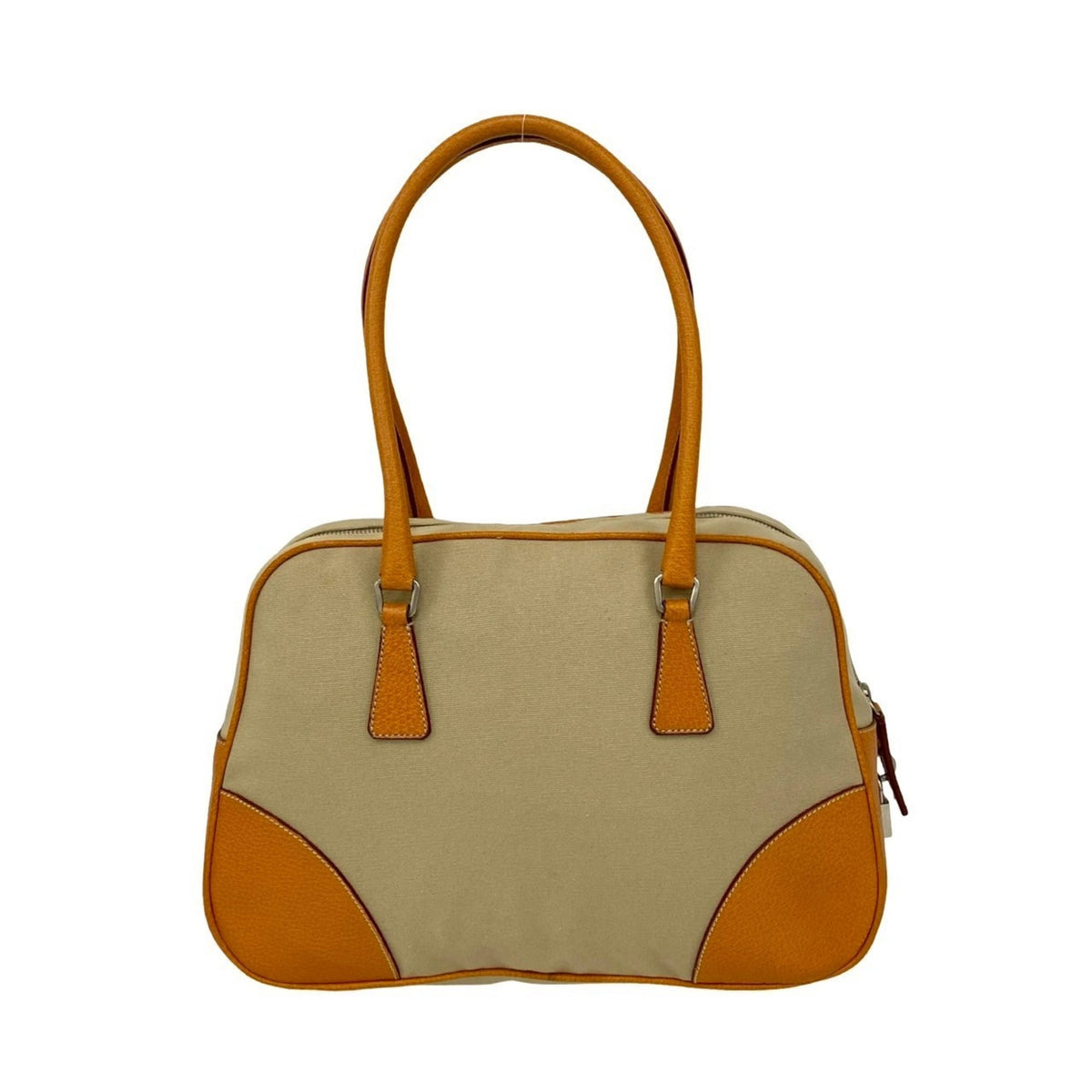 Prada Beige Leather Canvas Boston Bag Shoulder Bag Tote Bag (Pre-Owned)