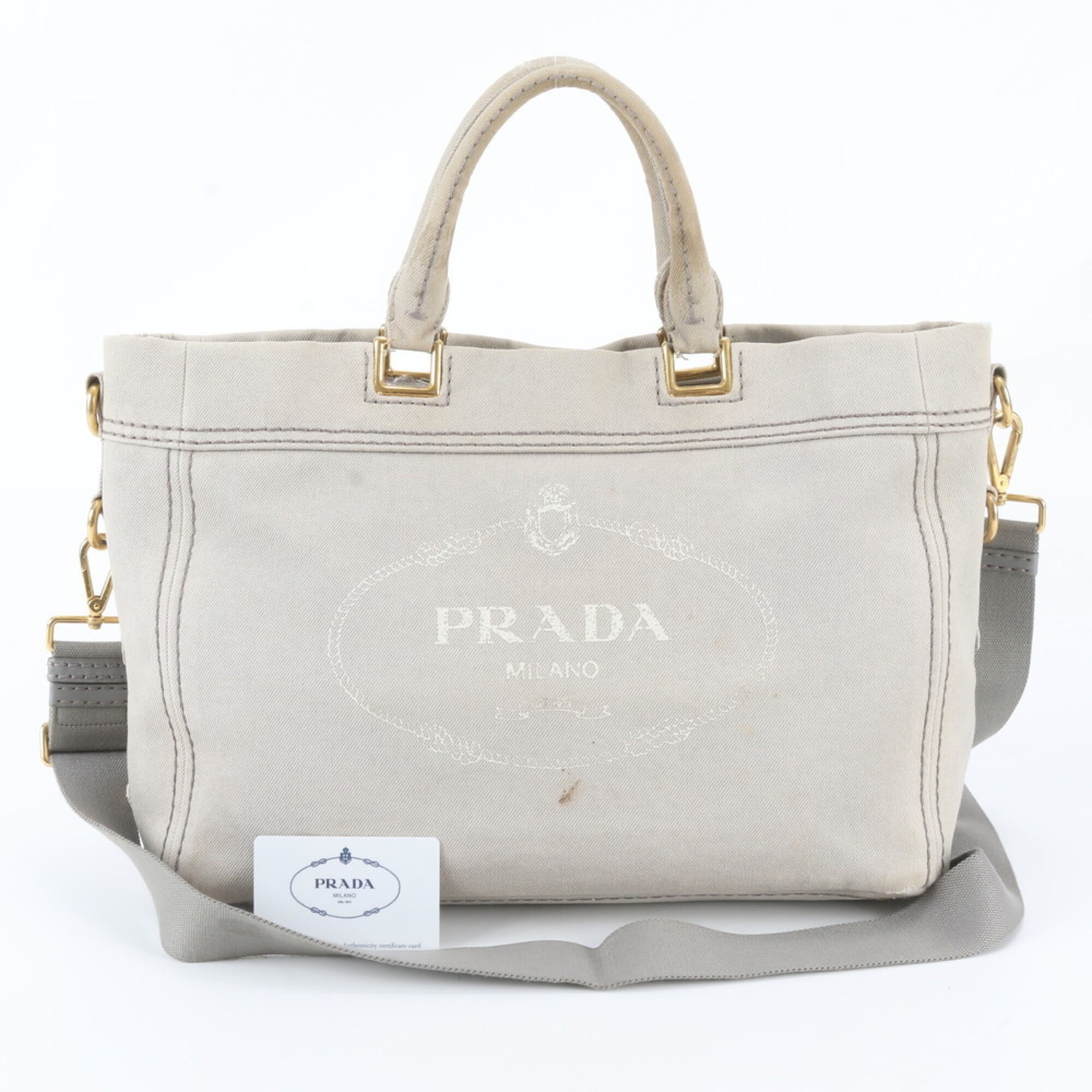 Prada Grayish Leather Canvas Shoulder Bag (Pre-Owned)