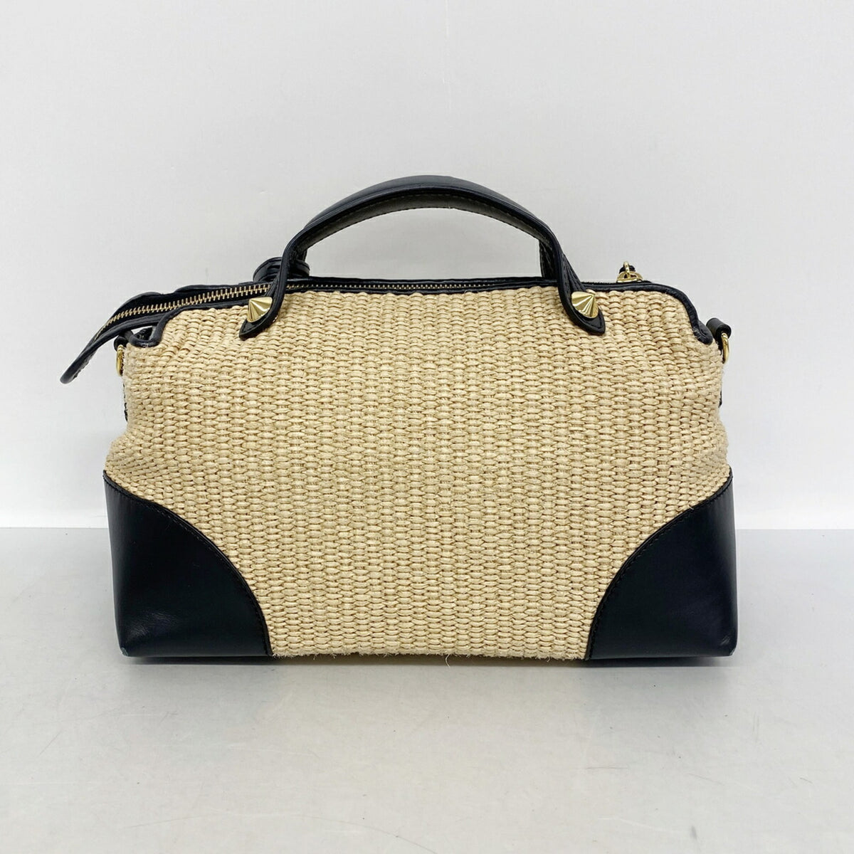 Fendi Beige Black Raffia Handbag (Pre-Owned)