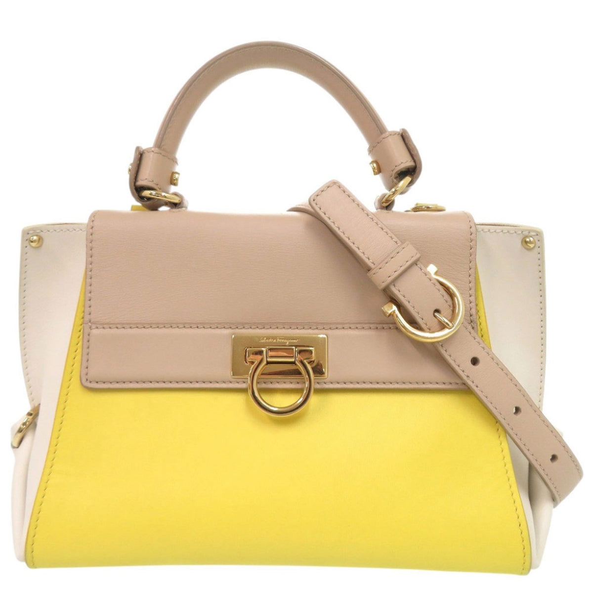 Salvatore Ferragamo Beige Multi-Color White Yellow Leather Handbag Shoulder Bag (Pre-Owned)