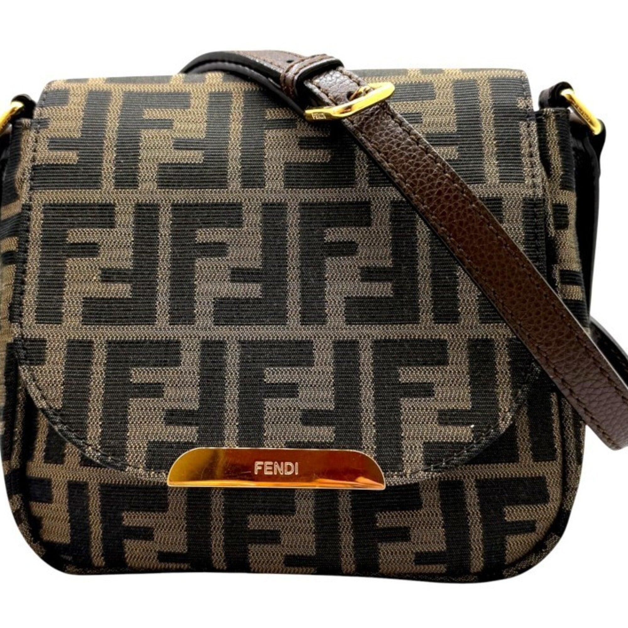 Fendi Zucca Brown Canvas Leather Shoulder Bag (Pre-Owned)