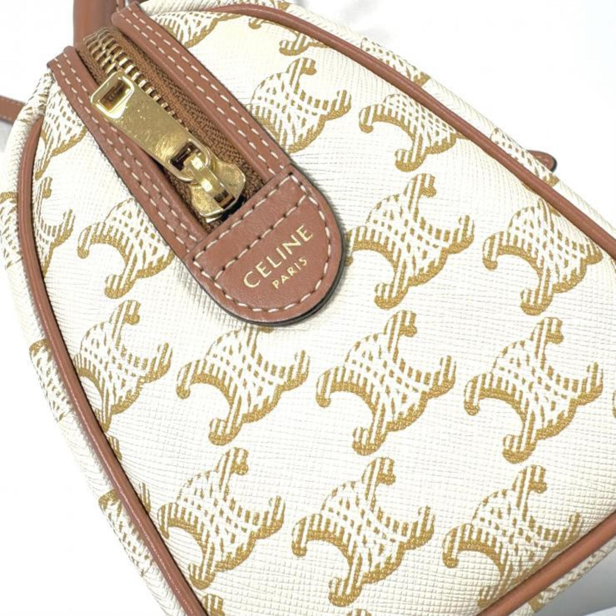 Celine Brown White Canvas Leather Handbag Shoulder Bag (Pre-Owned)