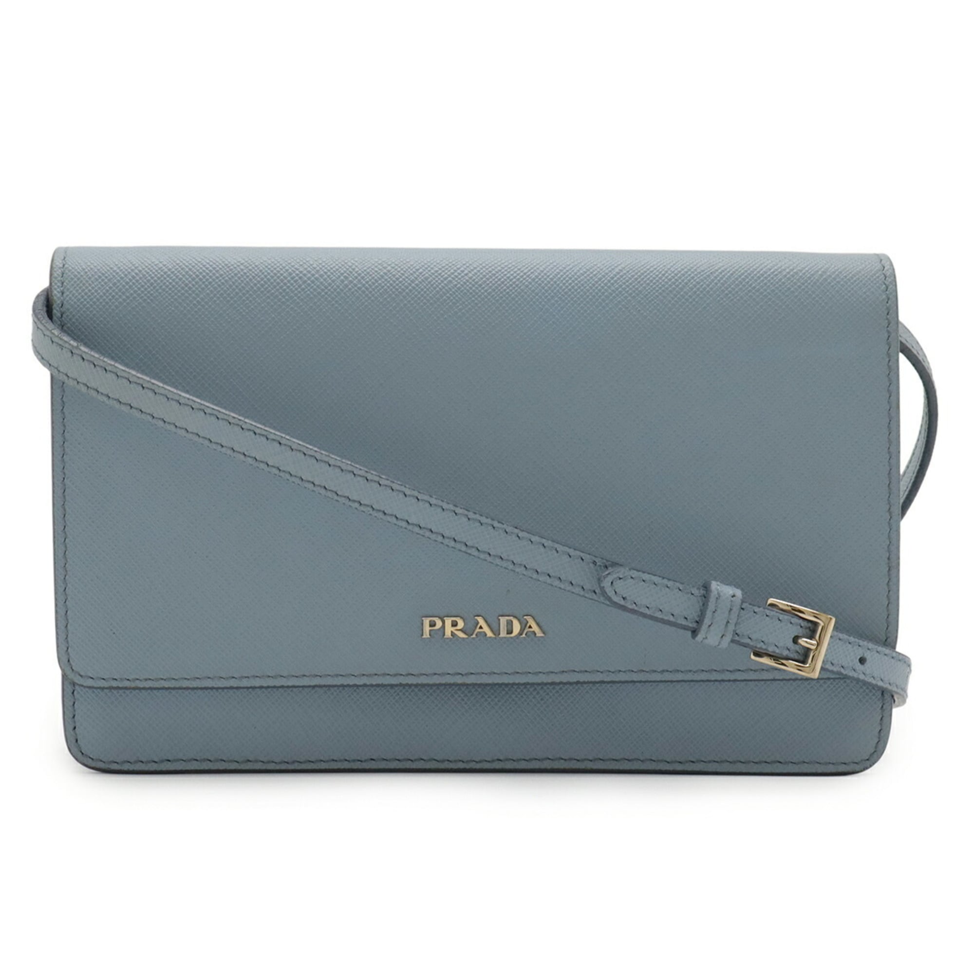 Prada Saffiano Blue Light Blue Saffiano Leather Chain/Shoulder Wallet (Pre-Owned)
