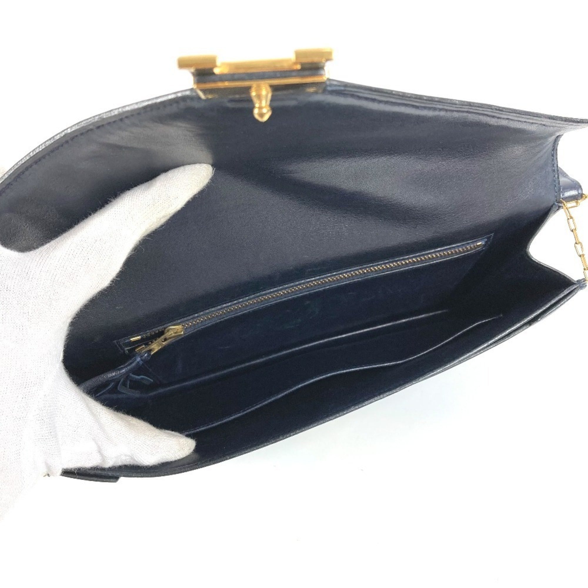 Hermes Navy Box Calf Leather Clutch Bag Shoulder Bag (Pre-Owned)