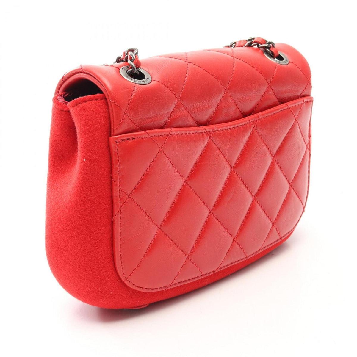 Chanel Red Color Leather Wool Handbag Shoulder Bag (Pre-Owned)