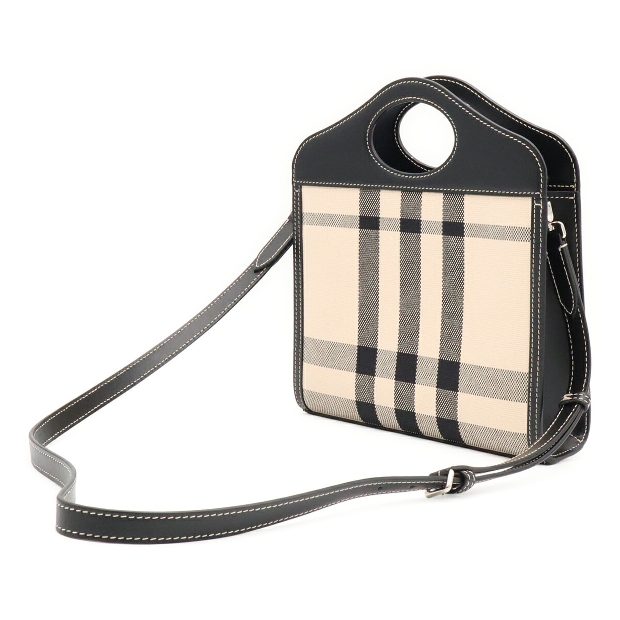 Burberry Black White Canvas Leather Handbag Shoulder Bag (Pre-Owned)