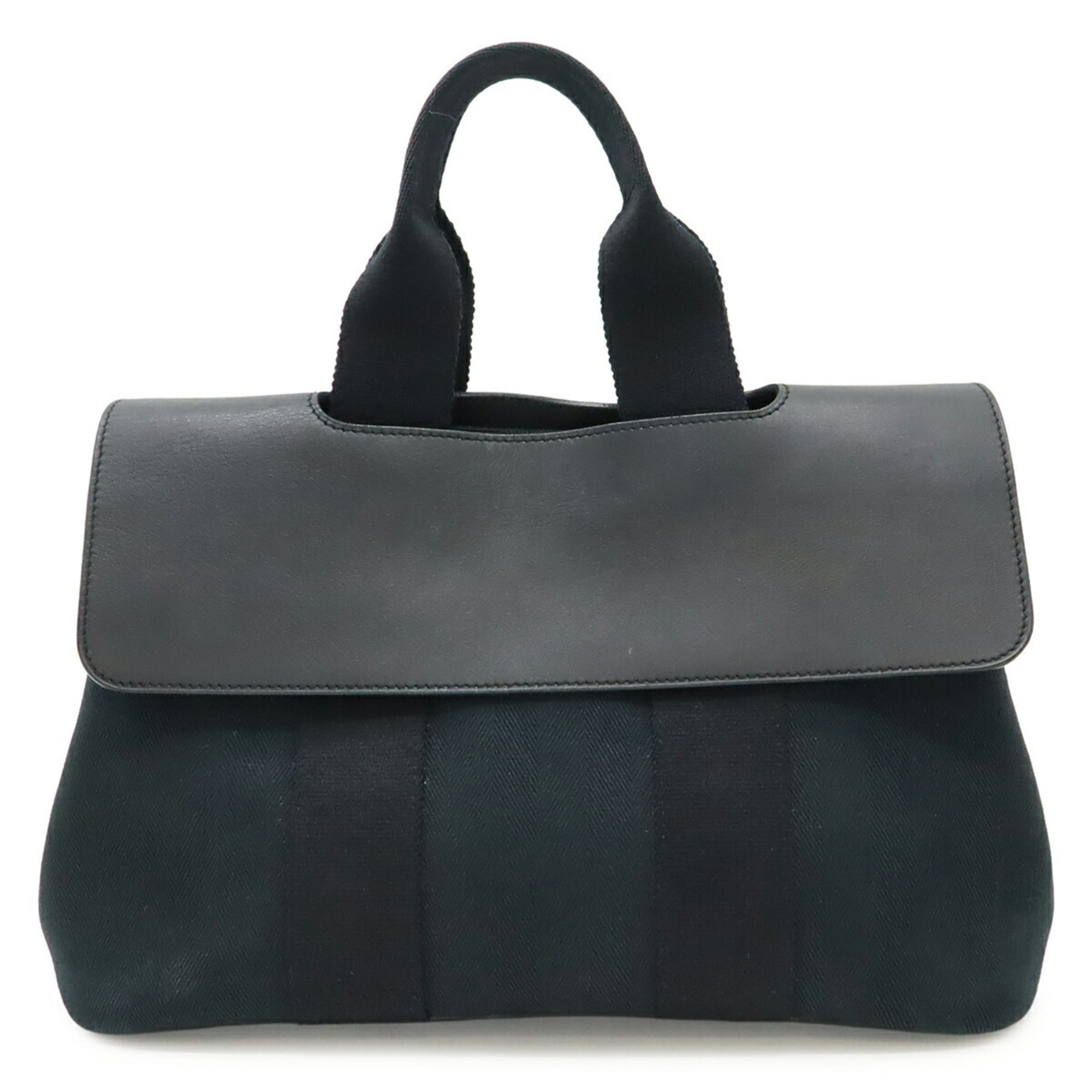 Hermes Valparaiso Black Toile Chevron Leather Handbag Tote Bag (Pre-Owned)
