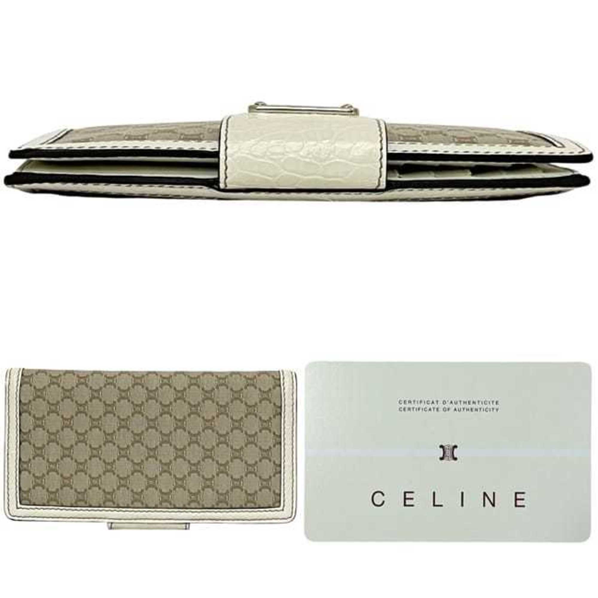 Celine Beige White Canvas Leather Long Wallet (Bi-Fold) (Pre-Owned)