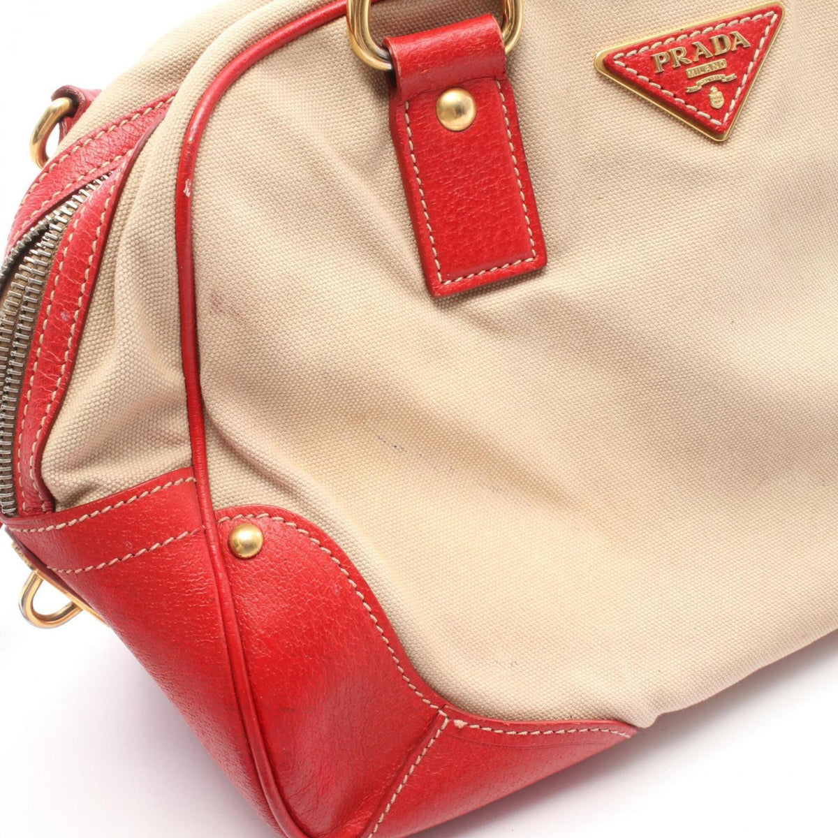 Prada Beige Red Color Canvas Leather Handbag (Pre-Owned)