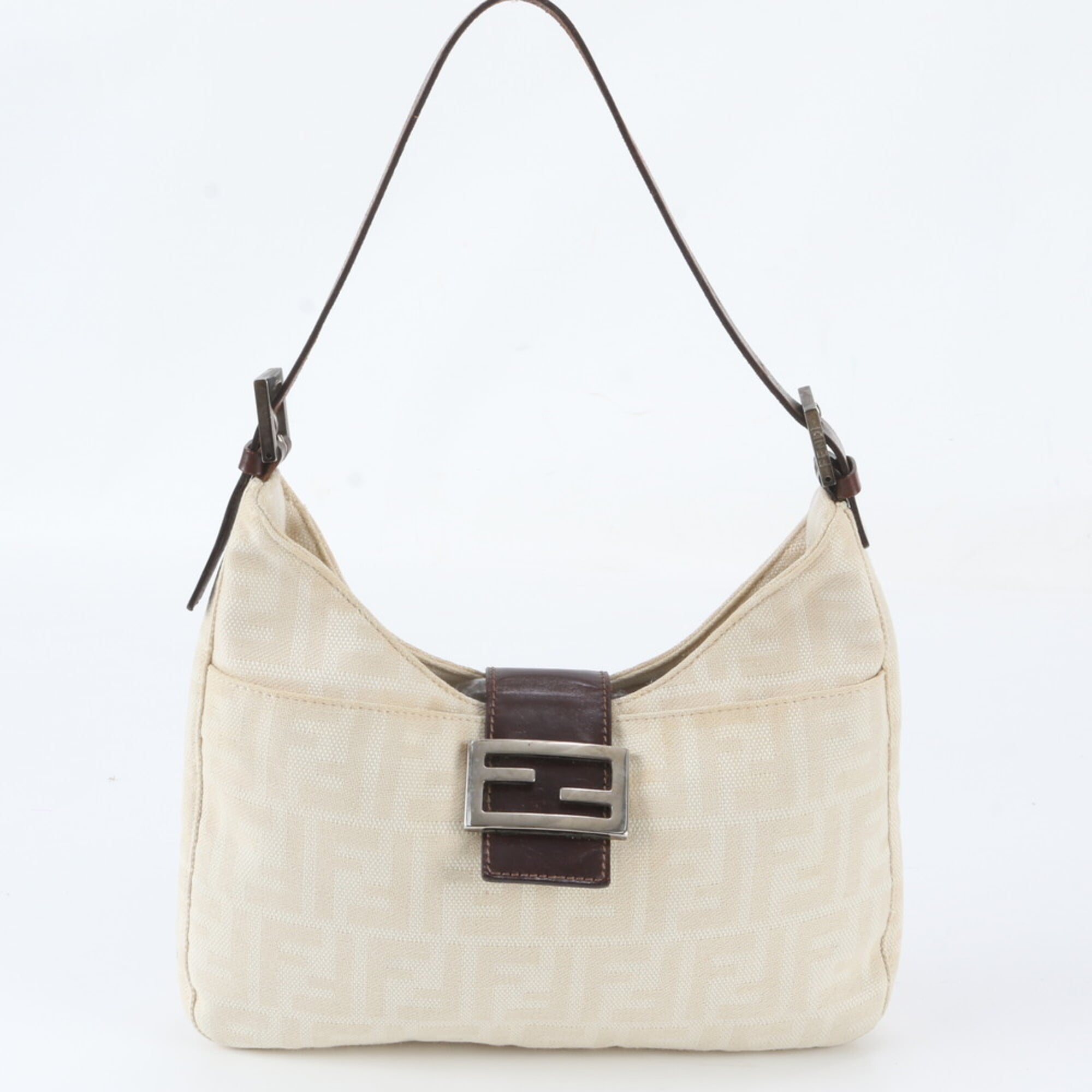 Fendi Brown White Leather Canvas Handbag Shoulder Bag (Pre-Owned)