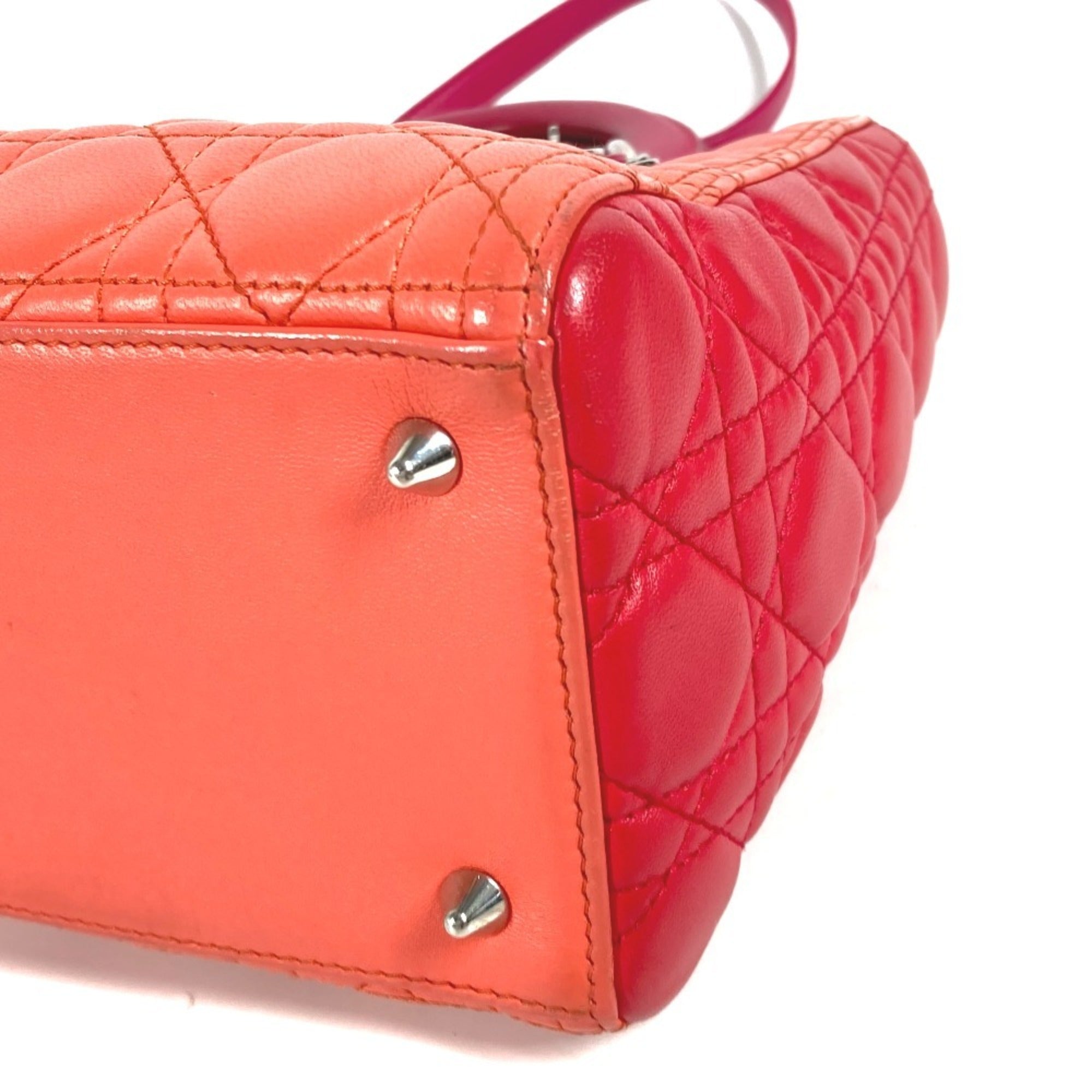 Christian Dior Lady Dior Orange Pink Red Color Leather Handbag Shoulder Bag Tote Bag (Pre-Owned)