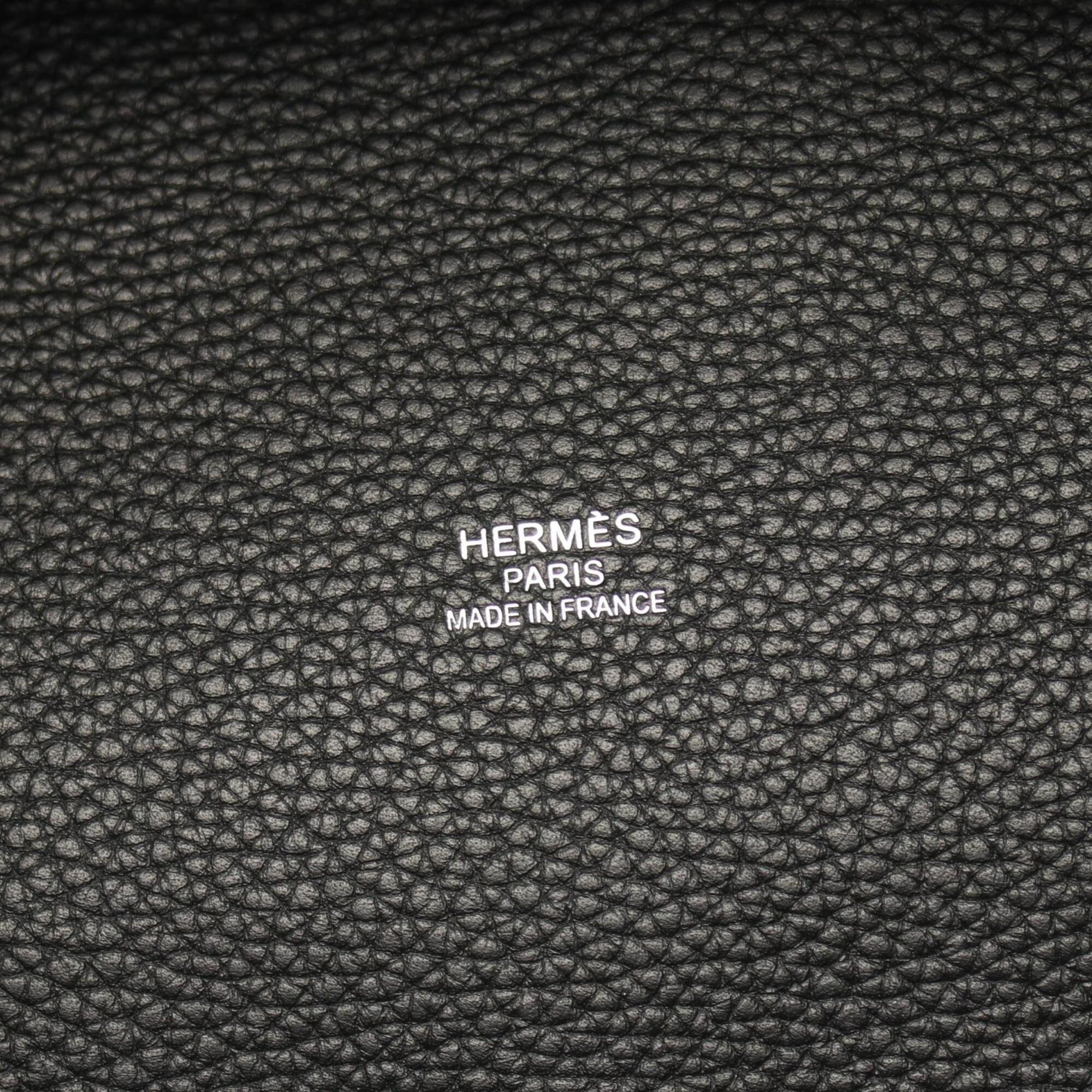 Hermes Black Brown Canvas Taurillon Clemence Leather Handbag Tote Bag (Pre-Owned)