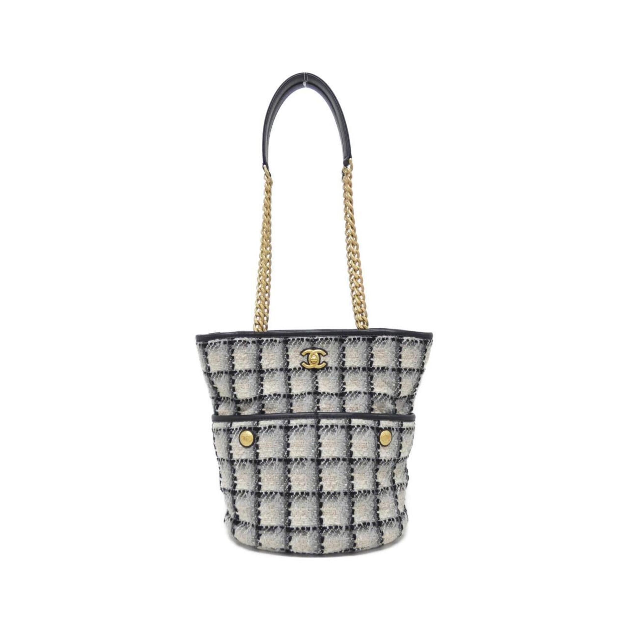 Chanel Beige Black Gray Cotton Wool Tweed Shoulder Bag (Pre-Owned)