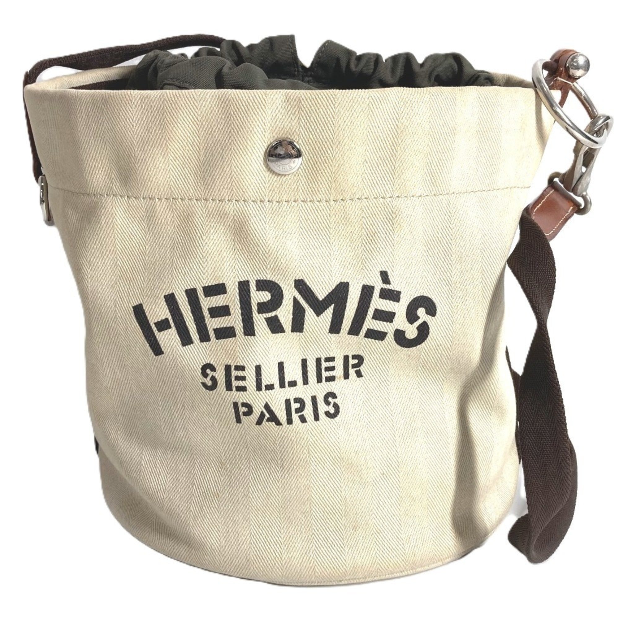 Hermes Beige Leather Canvas Handbag Shoulder Bag (Pre-Owned)