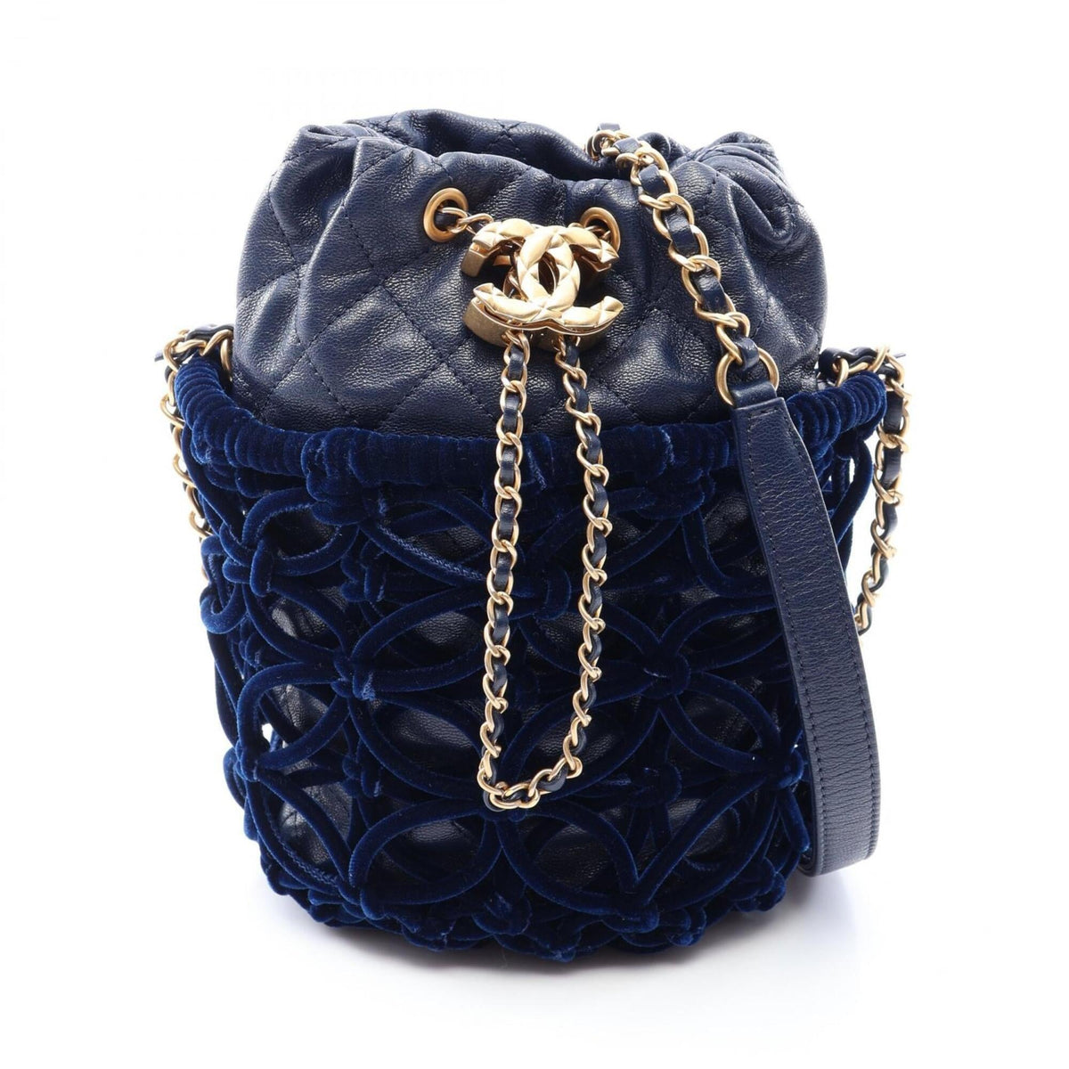 Chanel Navy Leather Fabric Handbag Shoulder Bag (Pre-Owned)