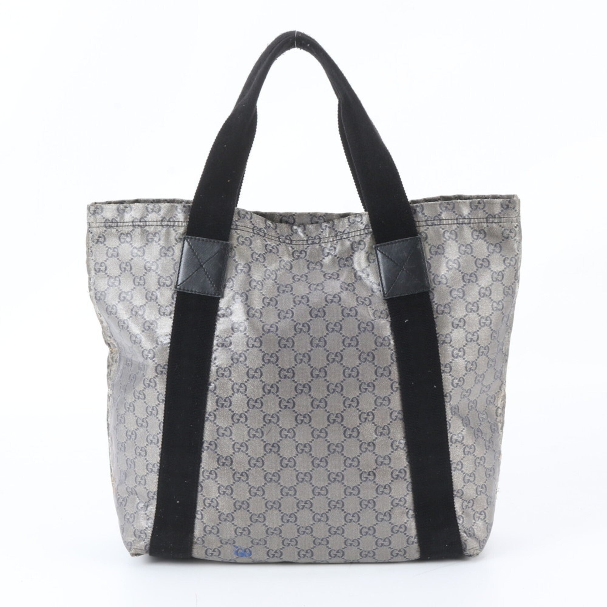 Gucci Black Navy Silver Leather Coated Canvas Handbag Shoulder Bag Tote Bag (Pre-Owned)