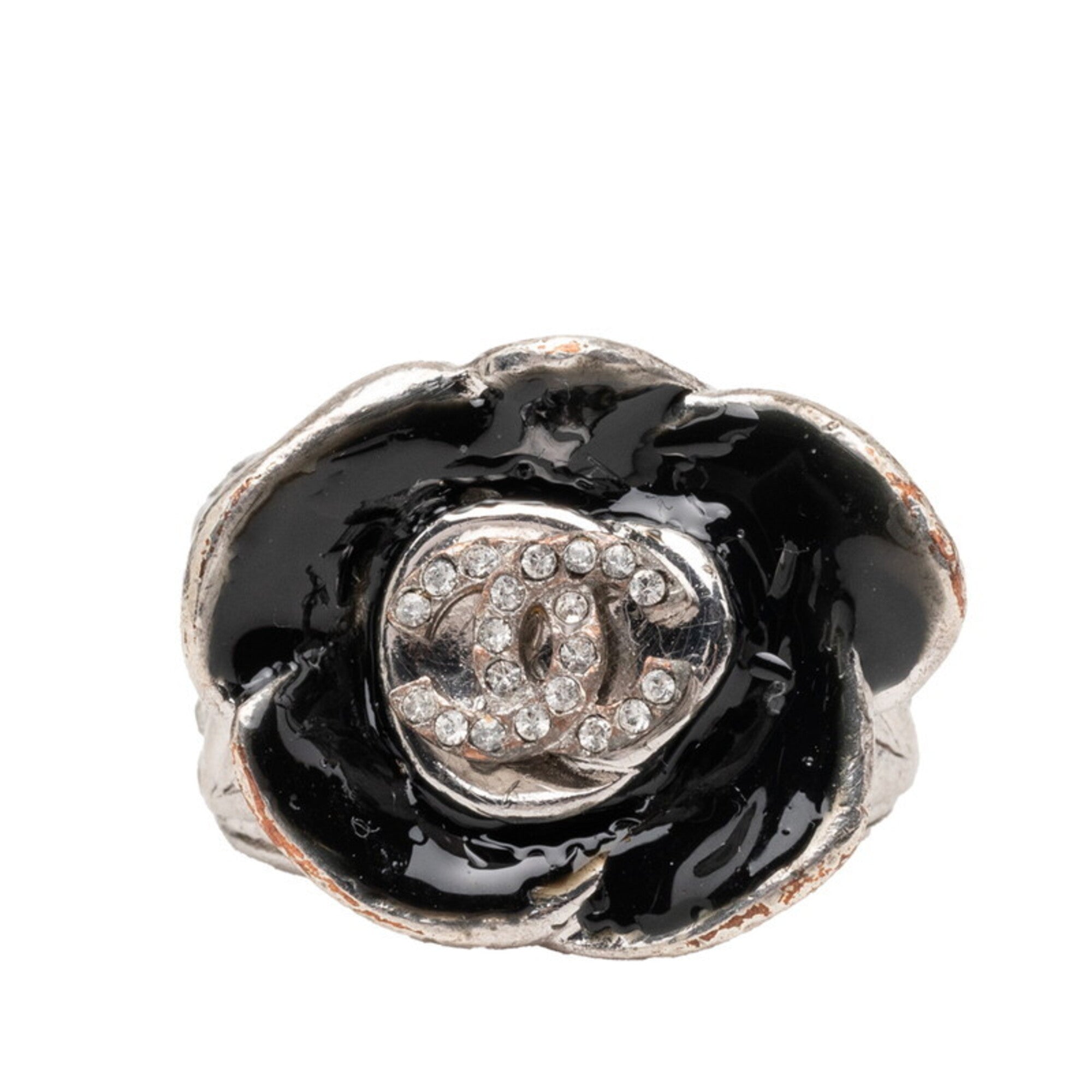 Chanel Silver Black Enamel Metal Band Ring (Pre-Owned)