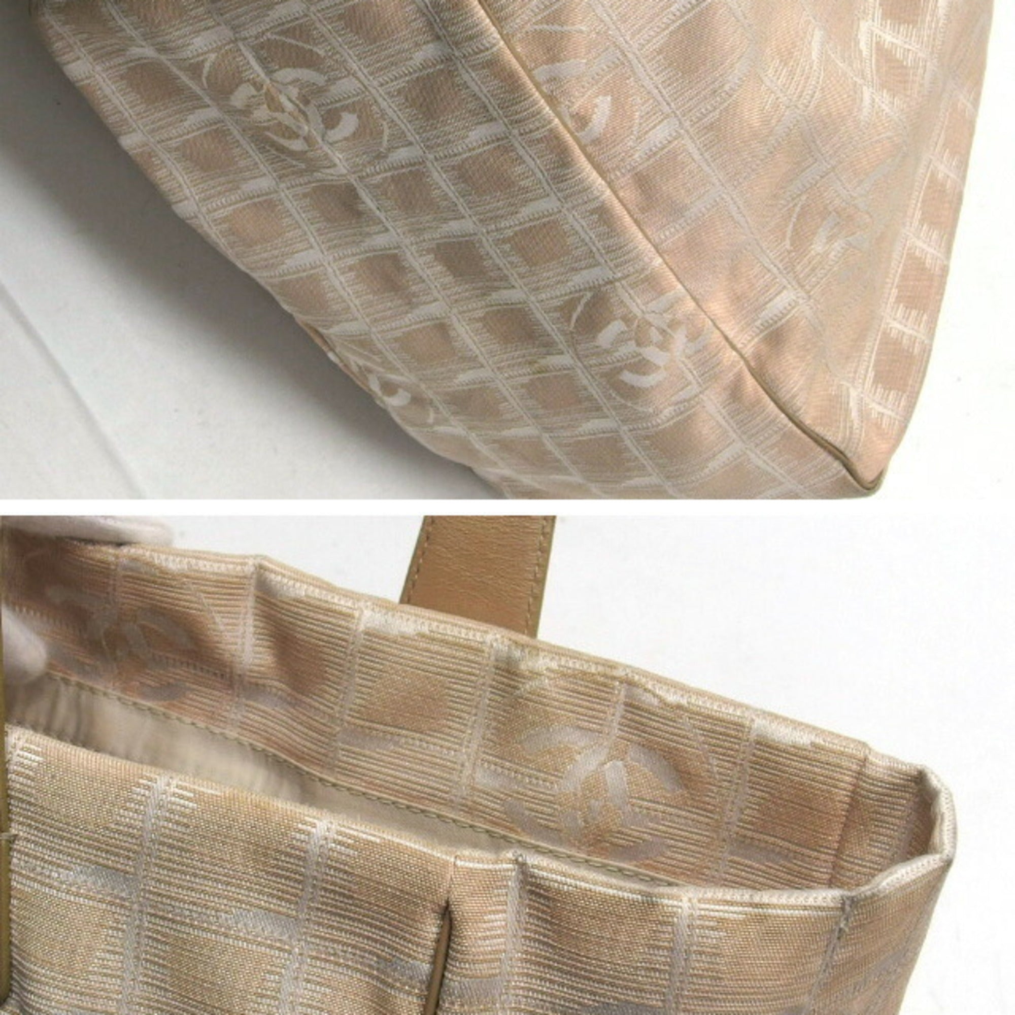 Chanel Beige Nylon Jacquard Leather Handbag Tote Bag (Pre-Owned)