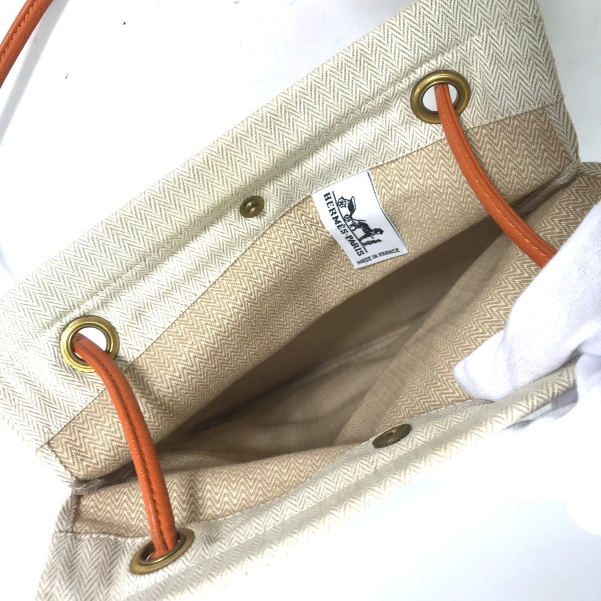 Hermes Beige Orange Canvas Leather Shoulder Bag (Pre-Owned)