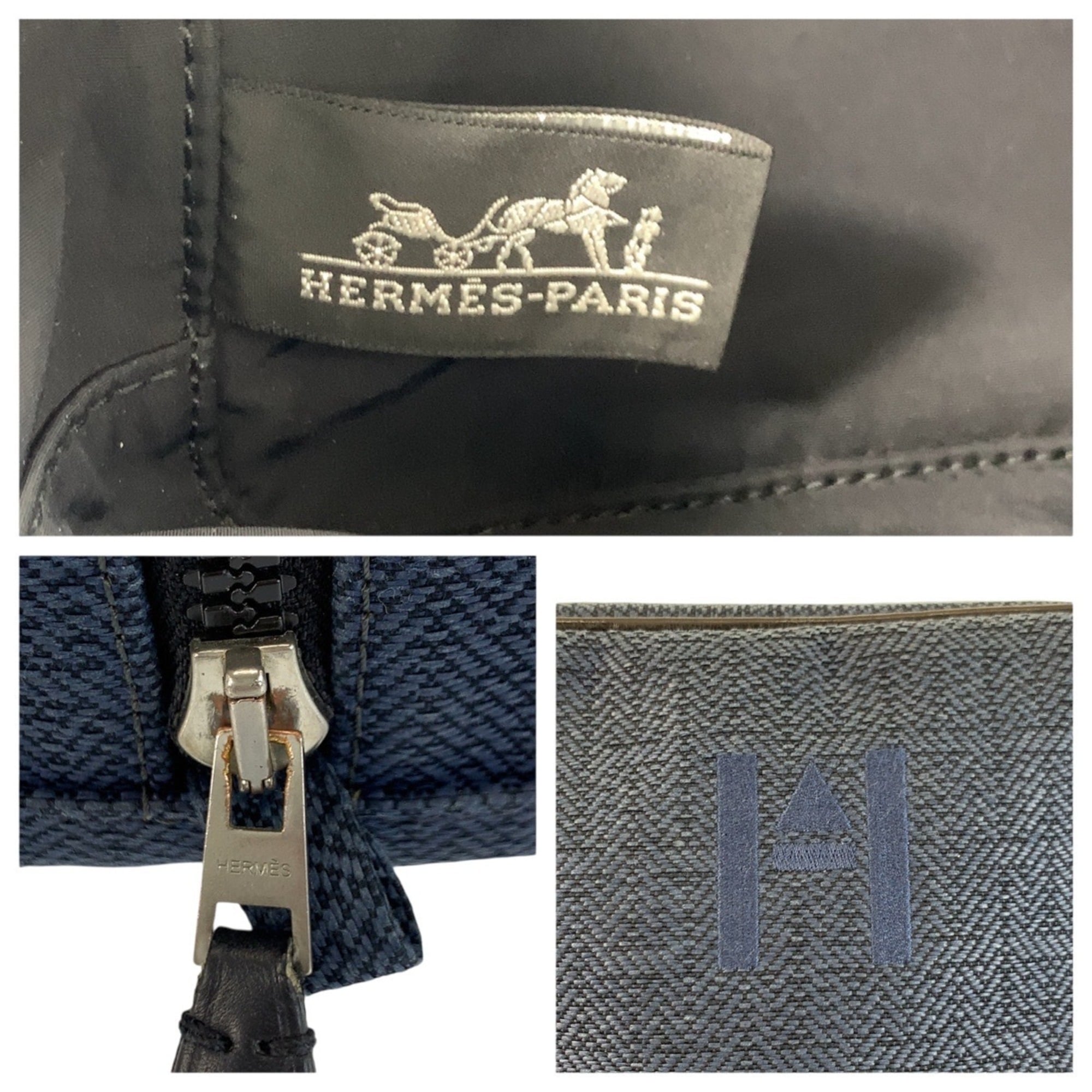 Hermes Black Navy Toile Chevron Clutch Bag Handbag Pouch (Pre-Owned)