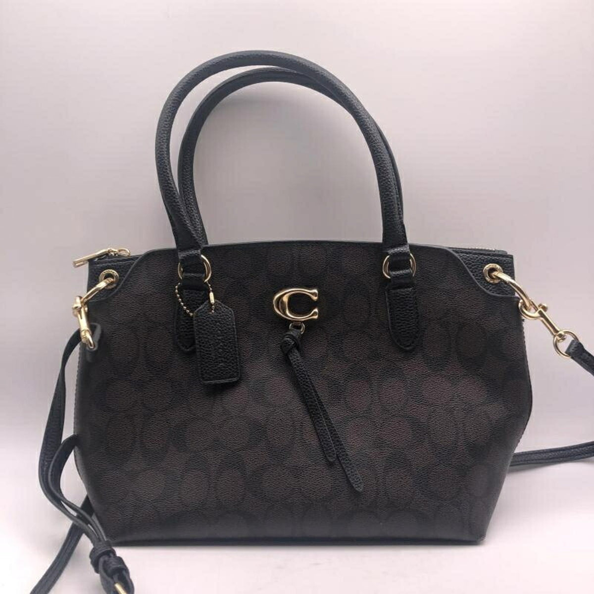 Coach Signature Black Brown Signature Line Handbag (Pre-Owned)
