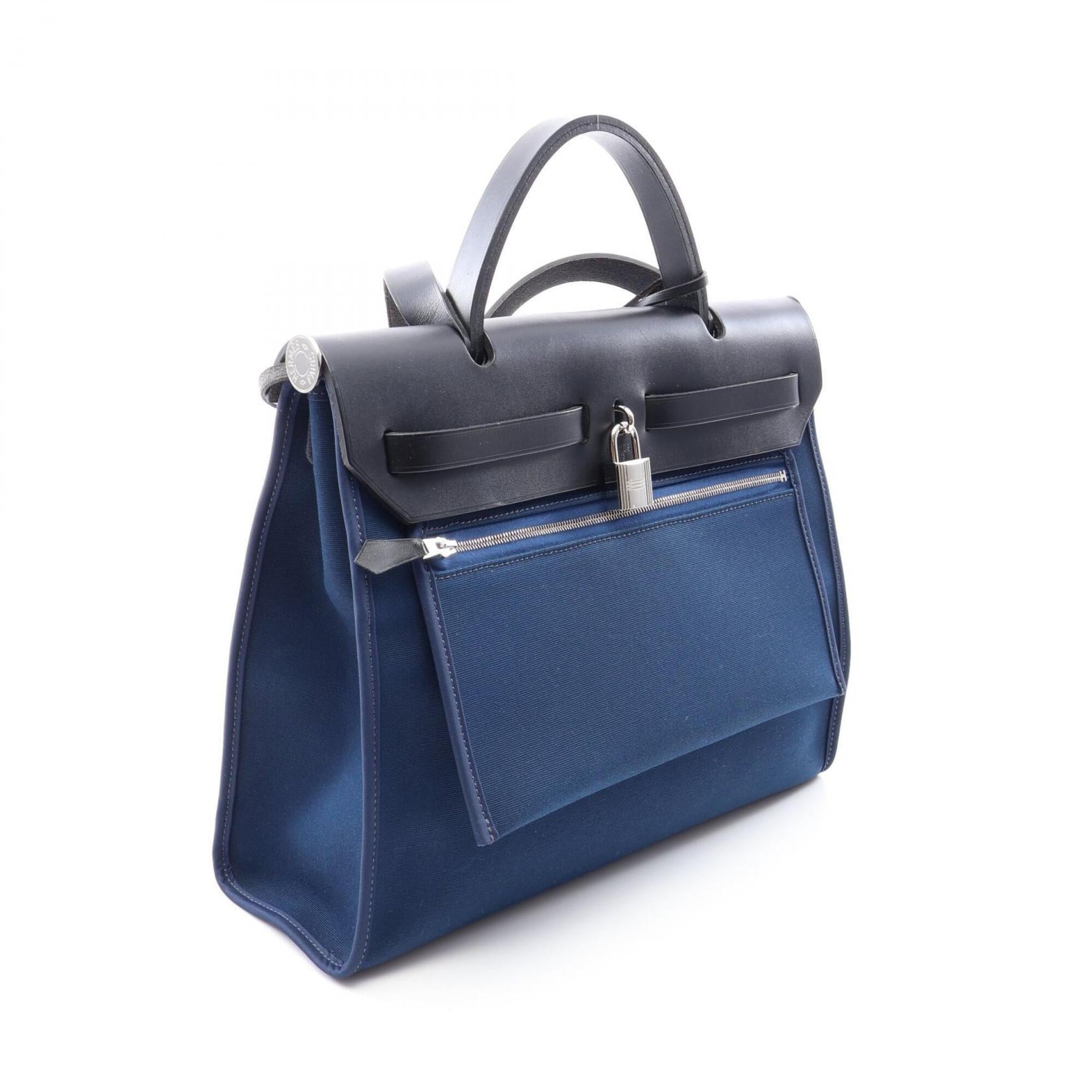 Hermes Black Navy Canvas Leather Handbag (Pre-Owned)