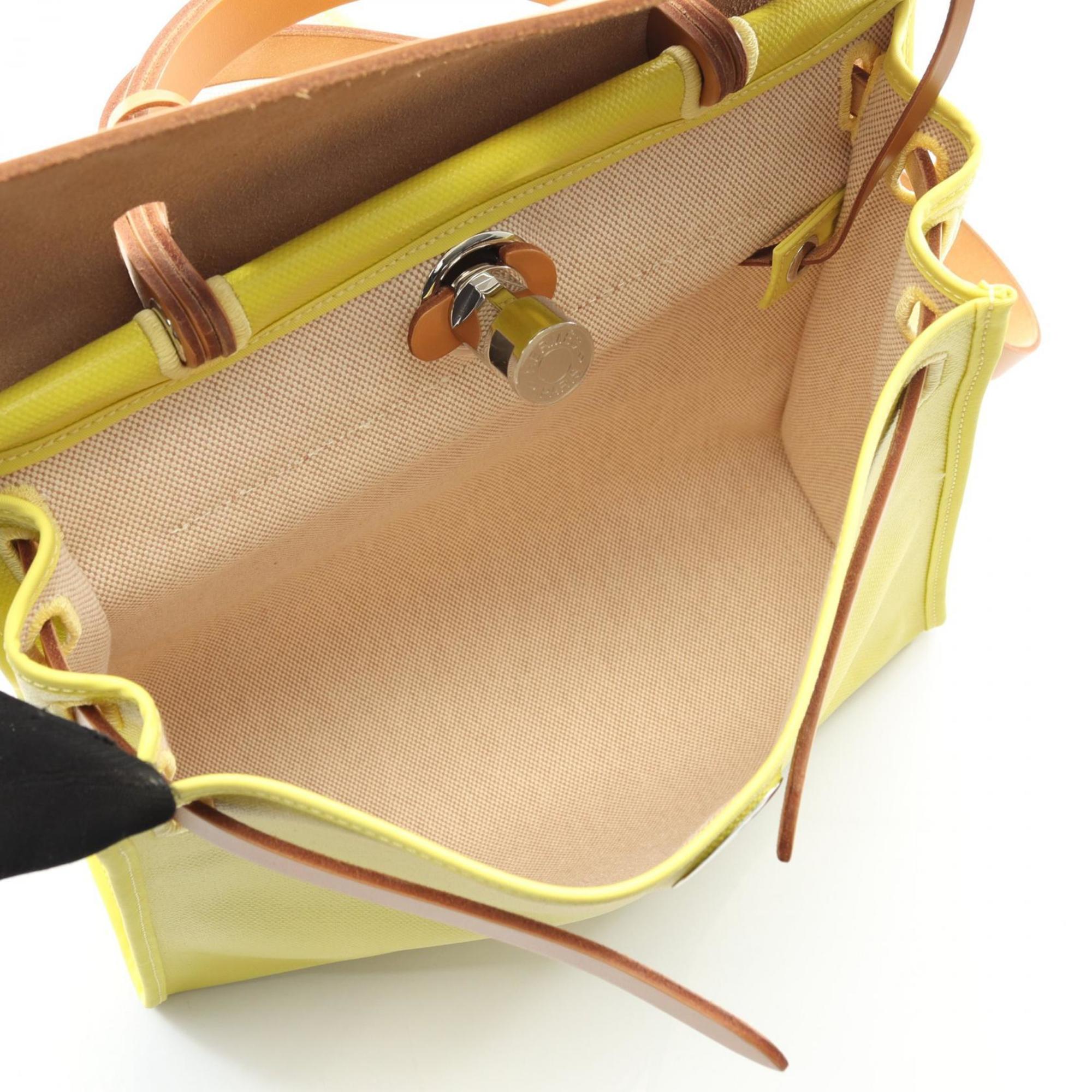 Hermes Brown Lime Yellow Natural Yellow Toile H Leather Handbag Pouch (Pre-Owned)