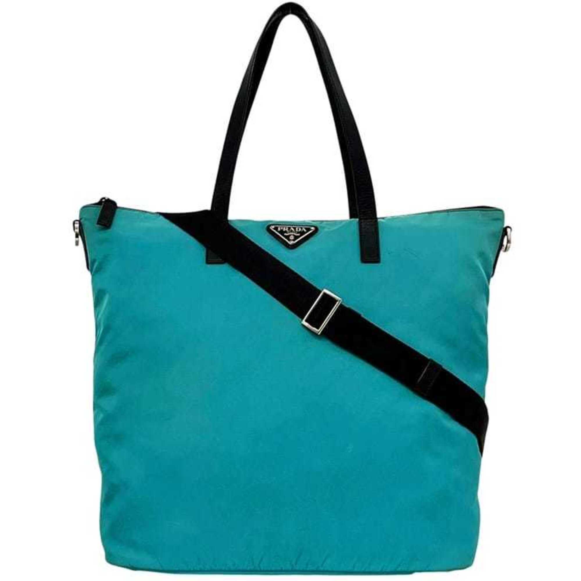 Prada Light Blue Nylon Leather Shoulder Bag Tote Bag (Pre-Owned)
