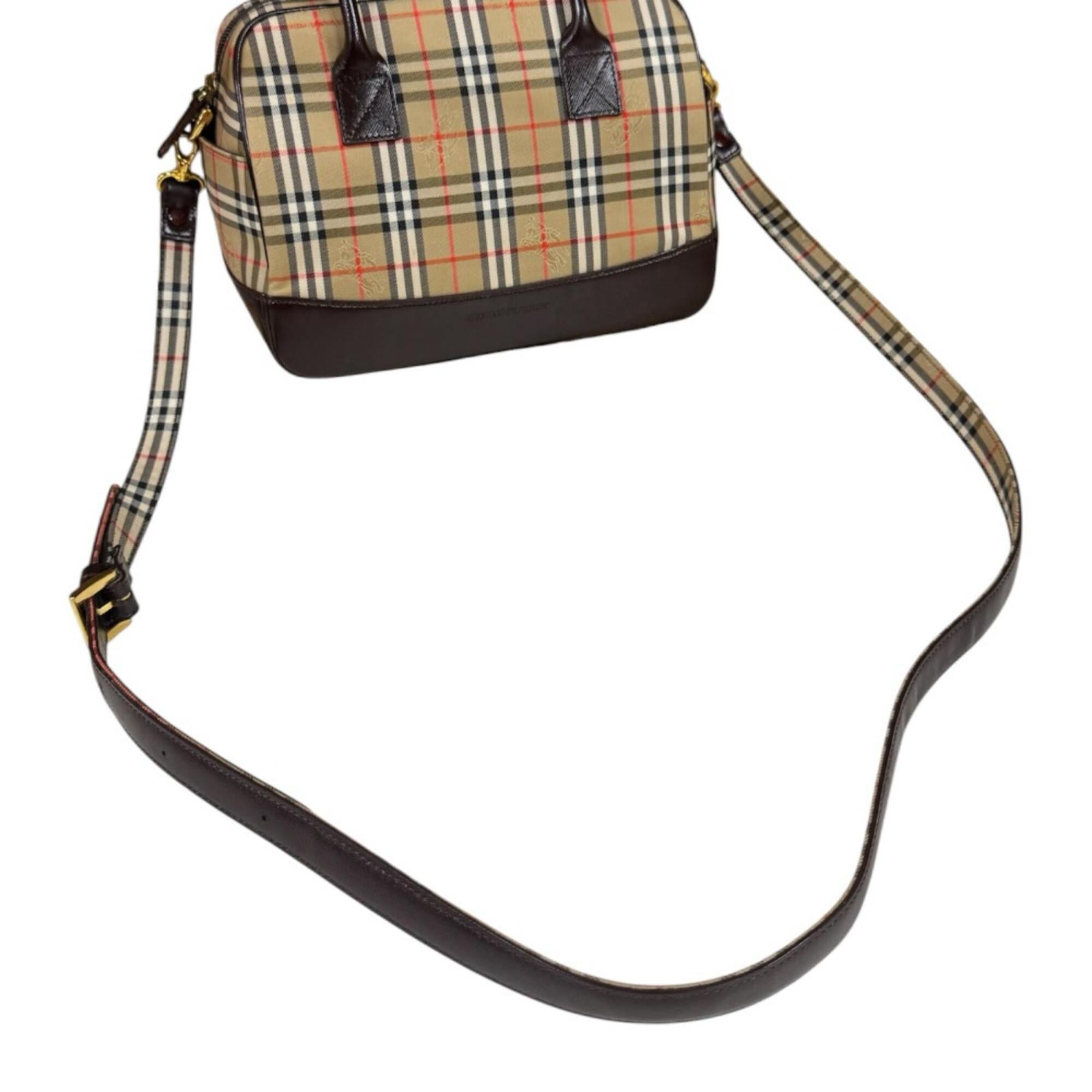 Burberry Beige Brown Canvas Leather Boston Bag Shoulder Bag (Pre-Owned)