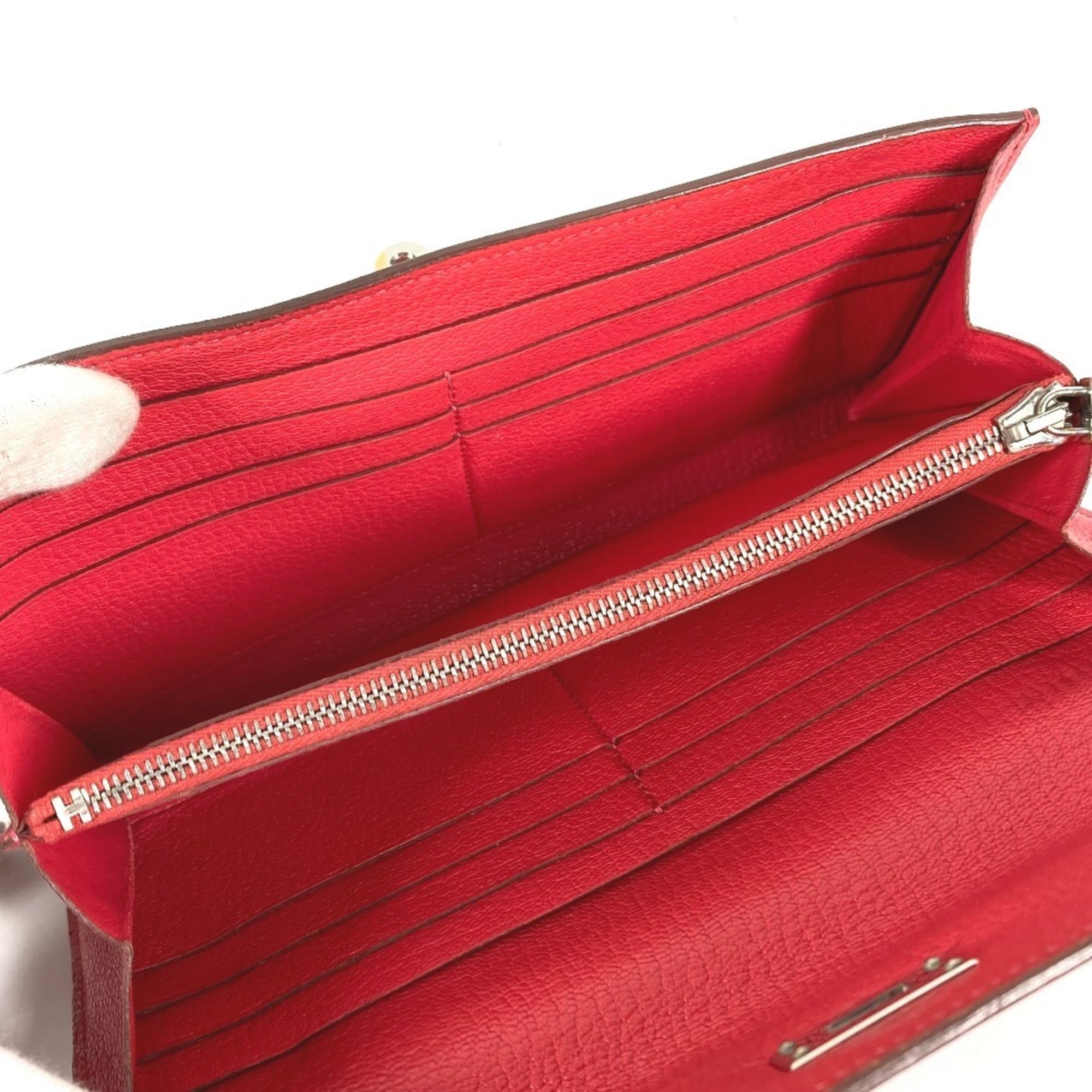 Hermes Red Color Chevre Leather Long Wallet (Bi-Fold) (Pre-Owned)