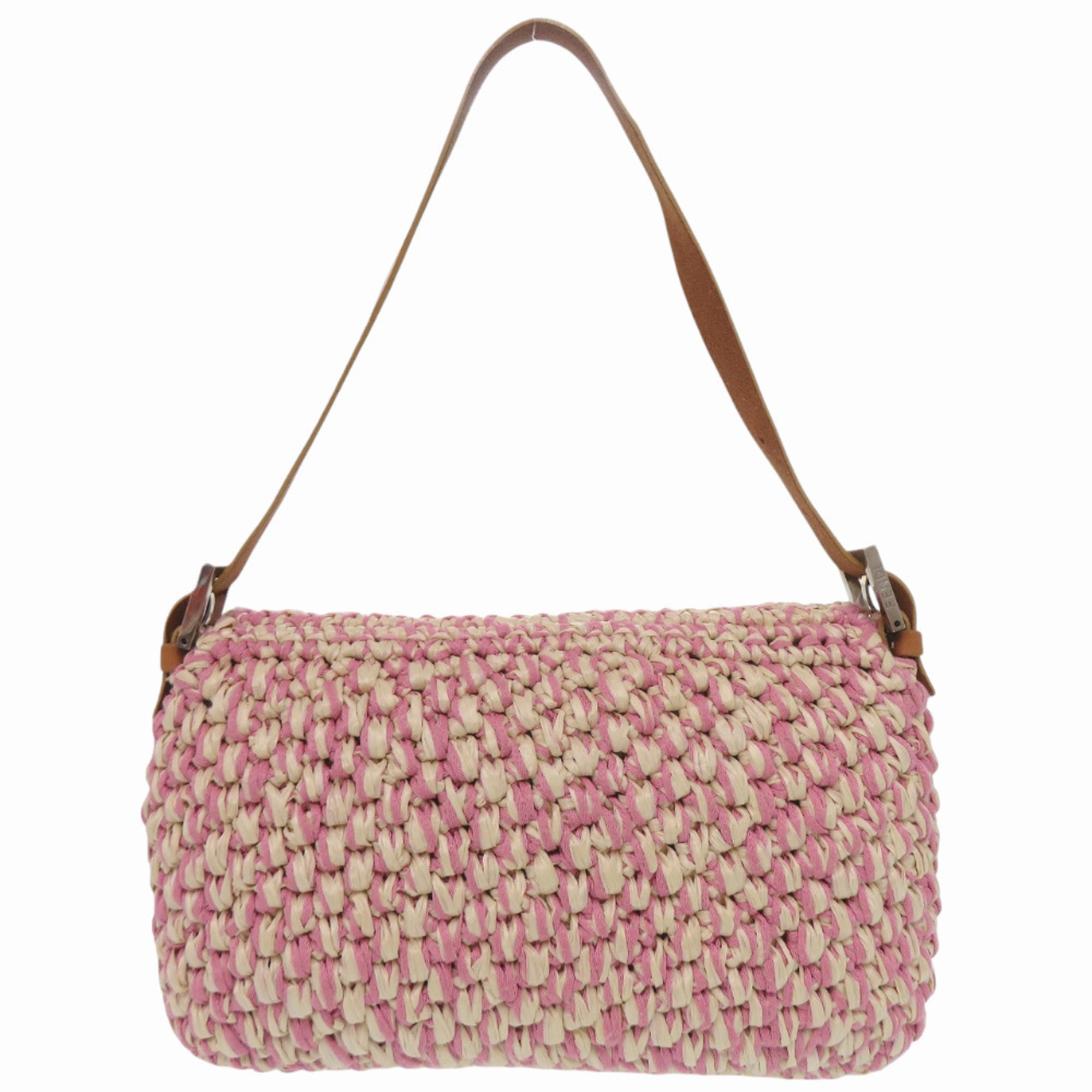 Fendi Brown Ivory Pink Straw Cotton Leather Handbag Shoulder Bag (Pre-Owned)