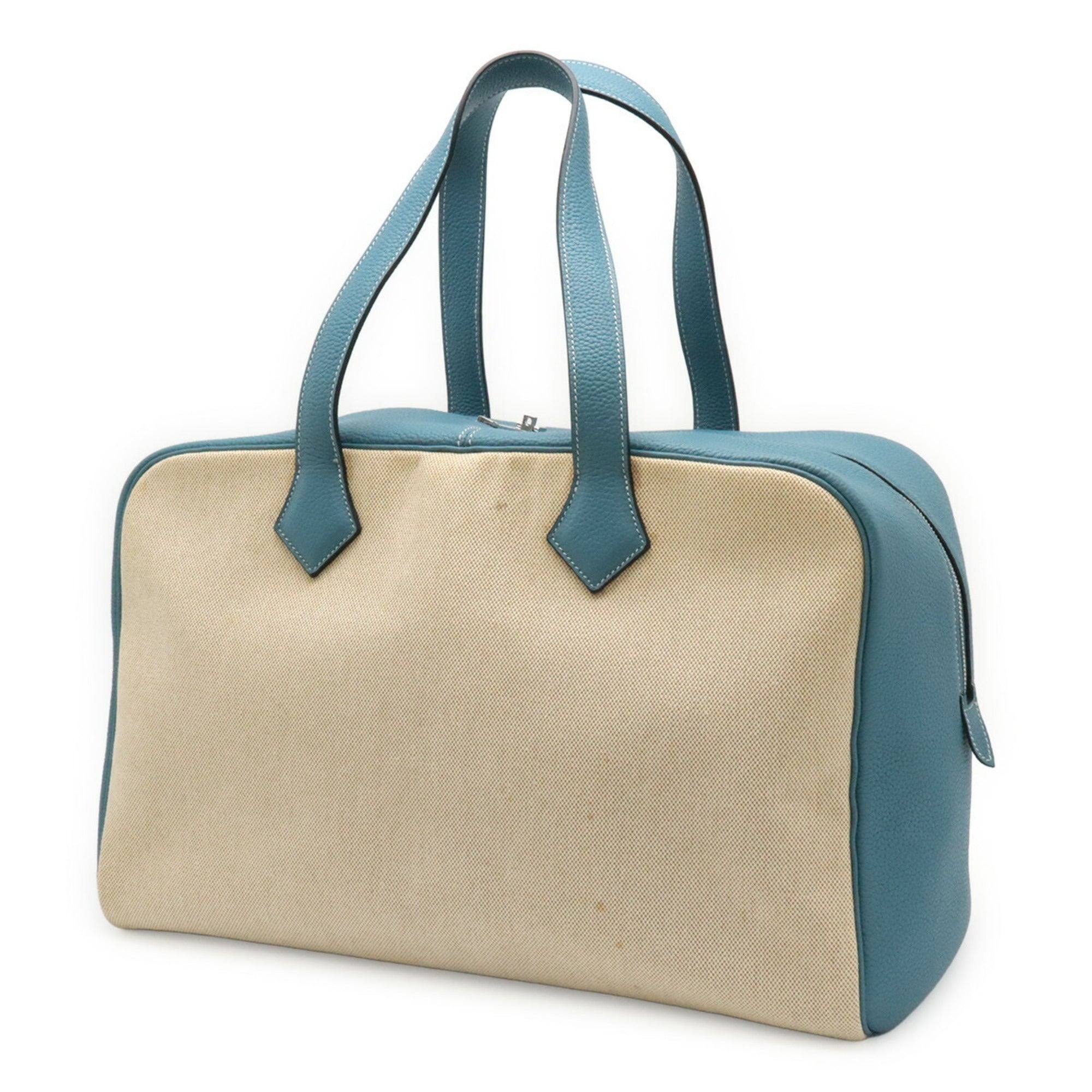Hermes Beige Blue Jean Toile H Taurillon Clemence Leather Boston Bag (Pre-Owned)