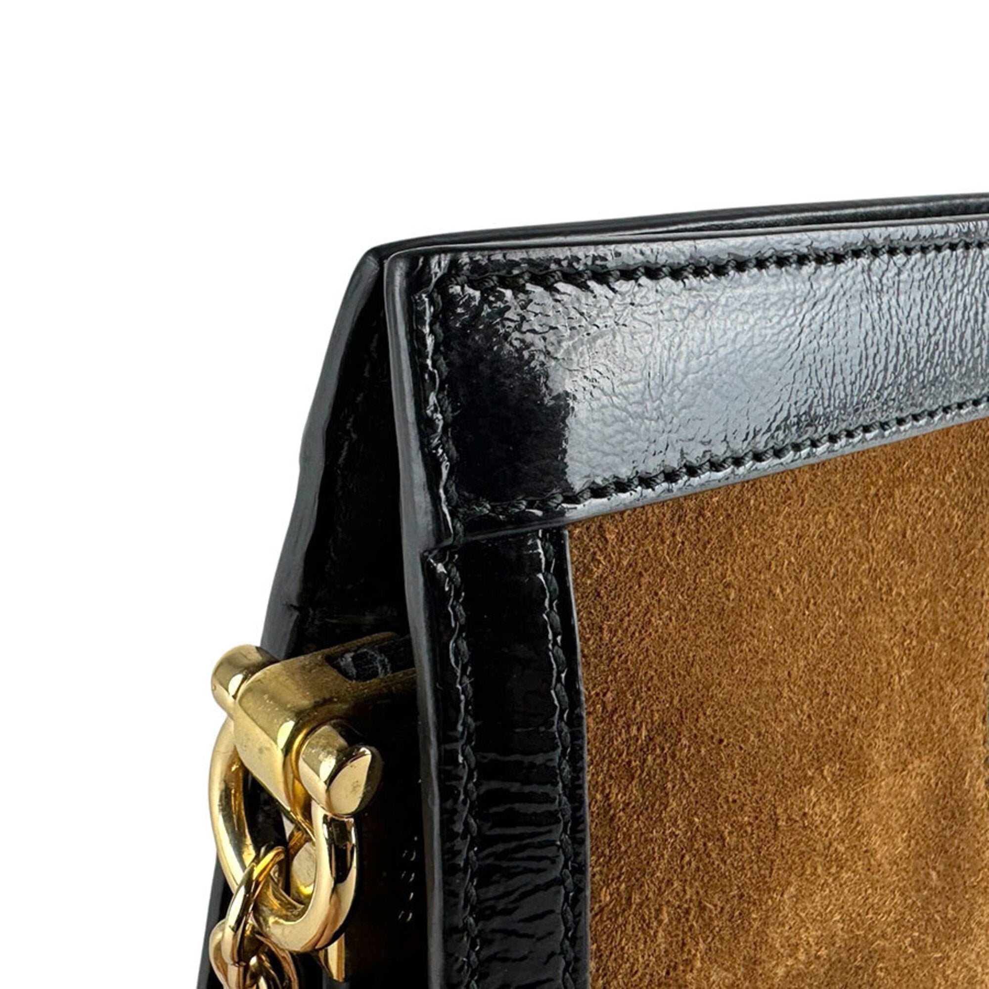 Gucci Black Brown Suede Patent Leather Shoulder Bag (Pre-Owned)