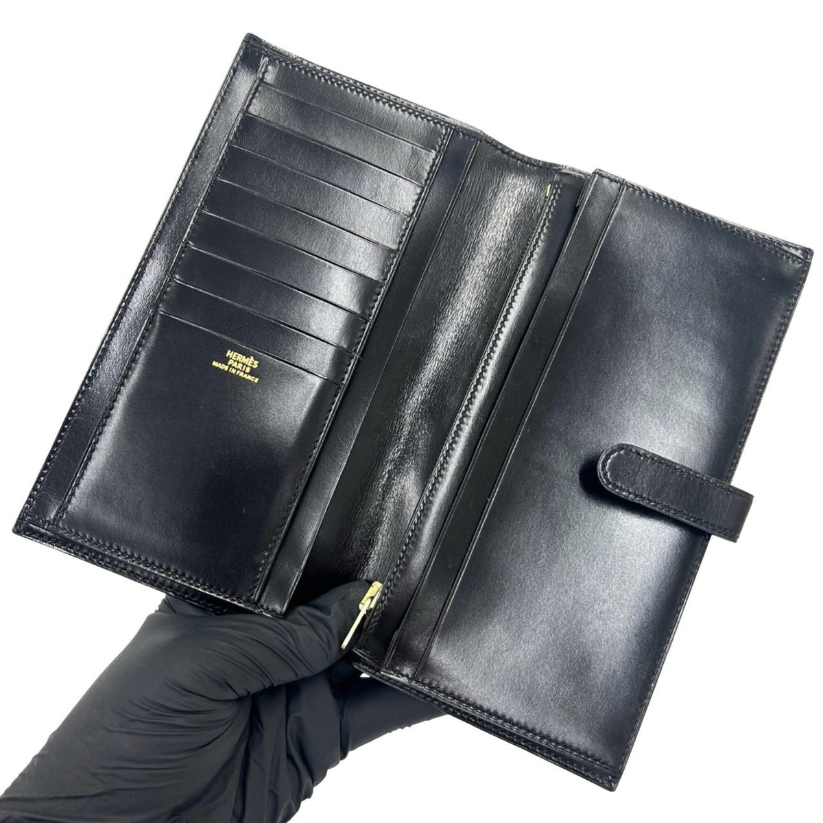 Hermes Black Box Calf Leather Long Wallet (Bi-Fold) (Pre-Owned)