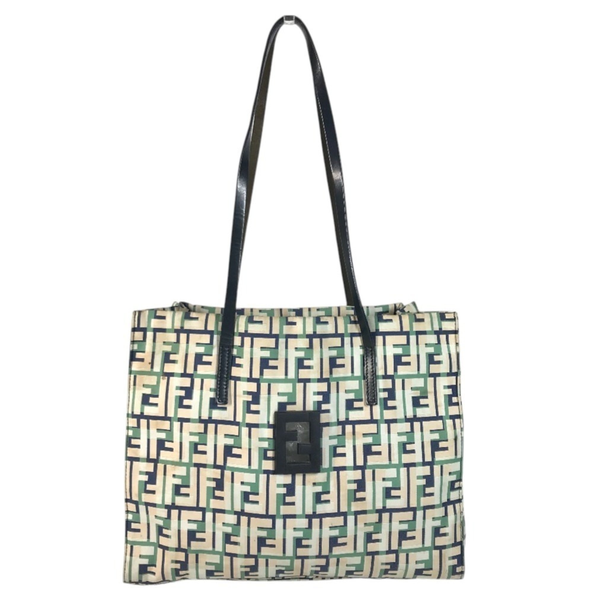 Fendi Beige Blue Green Leather Canvas Shoulder Bag Tote Bag (Pre-Owned)