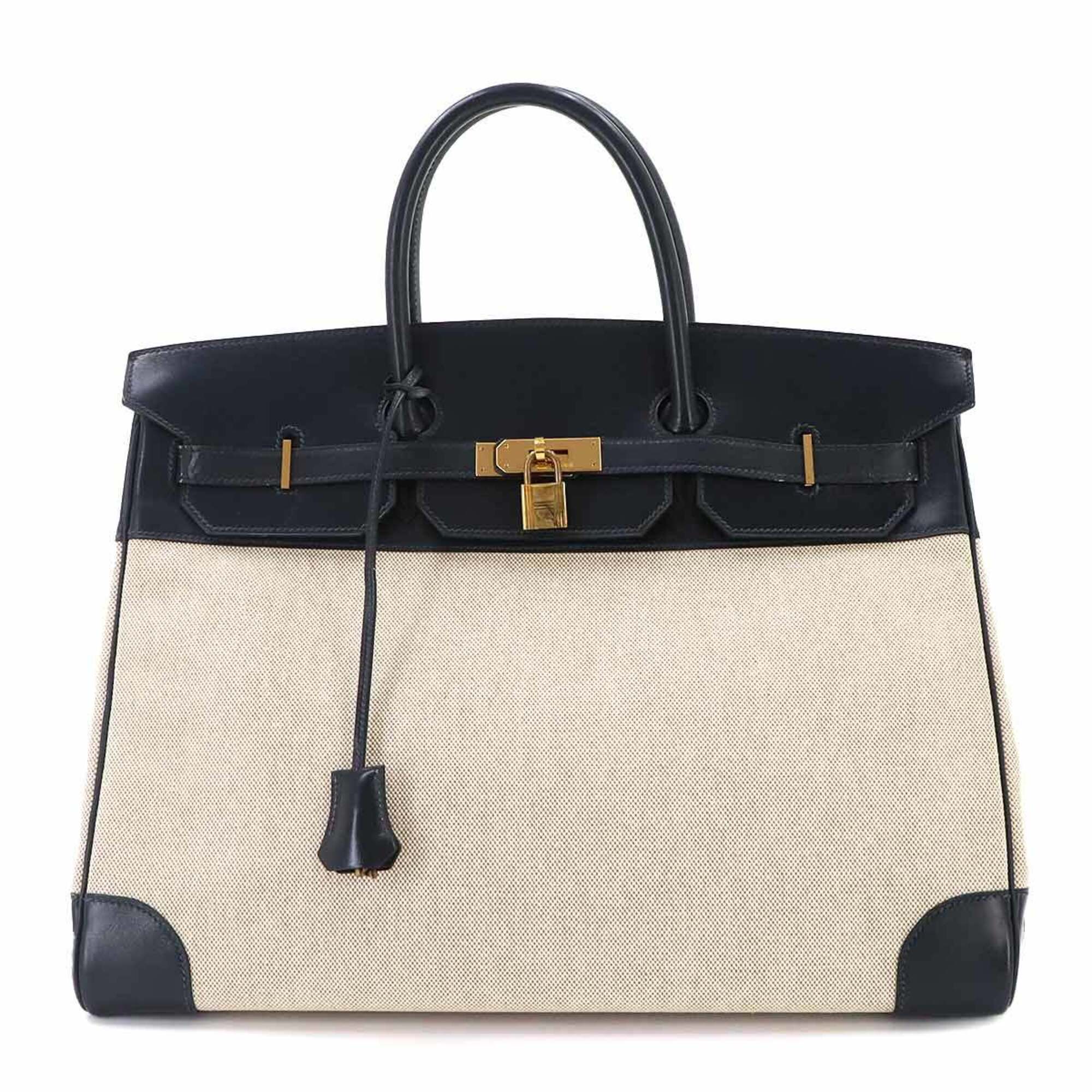 Hermes Beige Blue Marine Box Calf Leather Toile H Handbag (Pre-Owned)